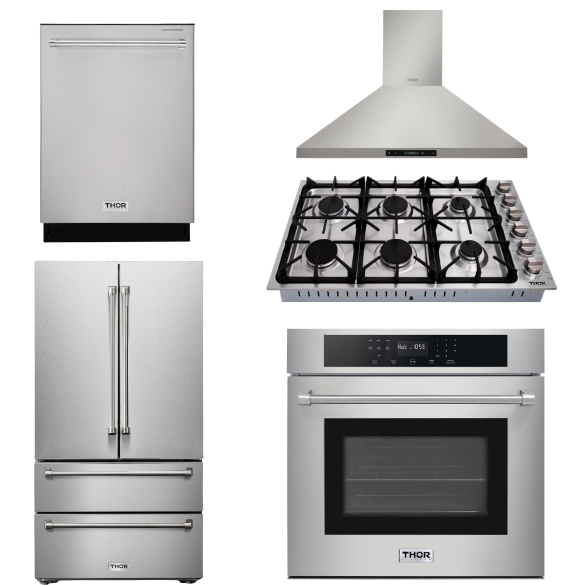 THOR Kitchen Package - 30" Wall Oven, 36" Gas Cooktop, Range Hood, Refrigerator, Dishwasher, HEW3001-HRH3607-TGC3601-TRF3602-HDW2401SS
