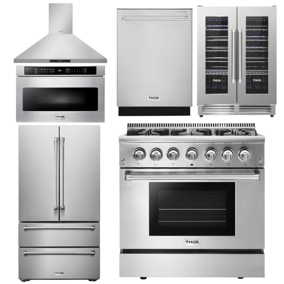 THOR Kitchen Package - 36" Dual Fuel Range, Range Hood, Microwave, Refrigerator, Dishwasher, Wine Cooler, HRD3606U-HRH3607-TRF3602-HDW2401SS-TWC2402-TMD2401