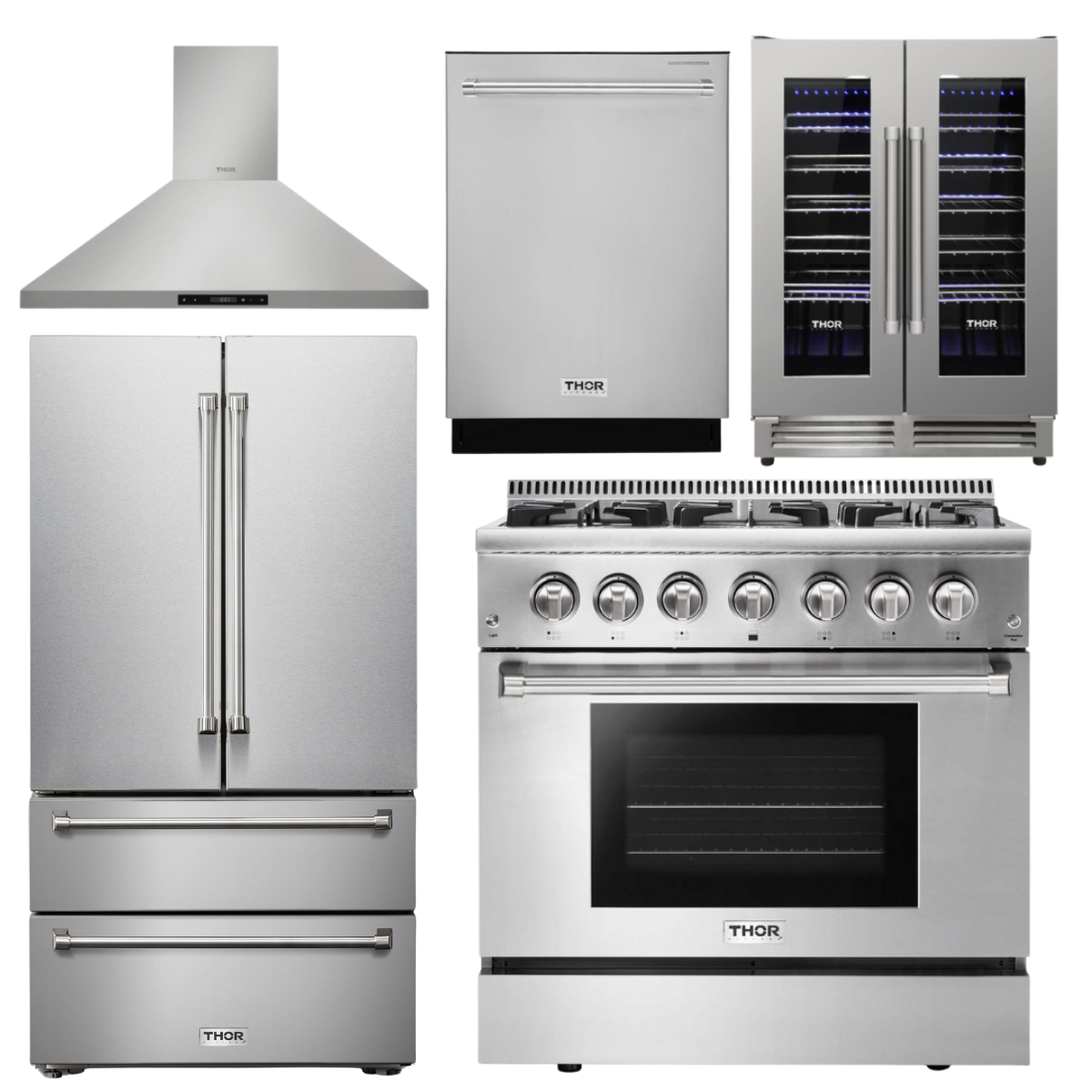 THOR Kitchen Package - 36" Propane Dual Fuel Range, Range Hood, Refrigerator, Dishwasher, Wine Cooler, HRD3606ULP-HRH3607-TRF3602-HDW2401SS-TWC2402
