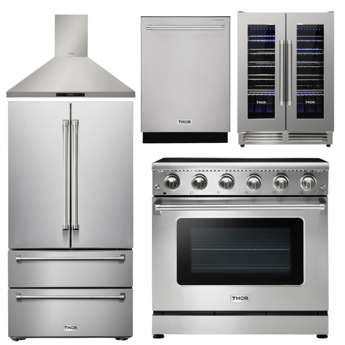THOR Kitchen Package - 36" Electric Range, Range Hood, Refrigerator, Dishwasher, Wine Cooler, HRE3601-HRH3607-TRF3602-HDW2401SS-TWC2402