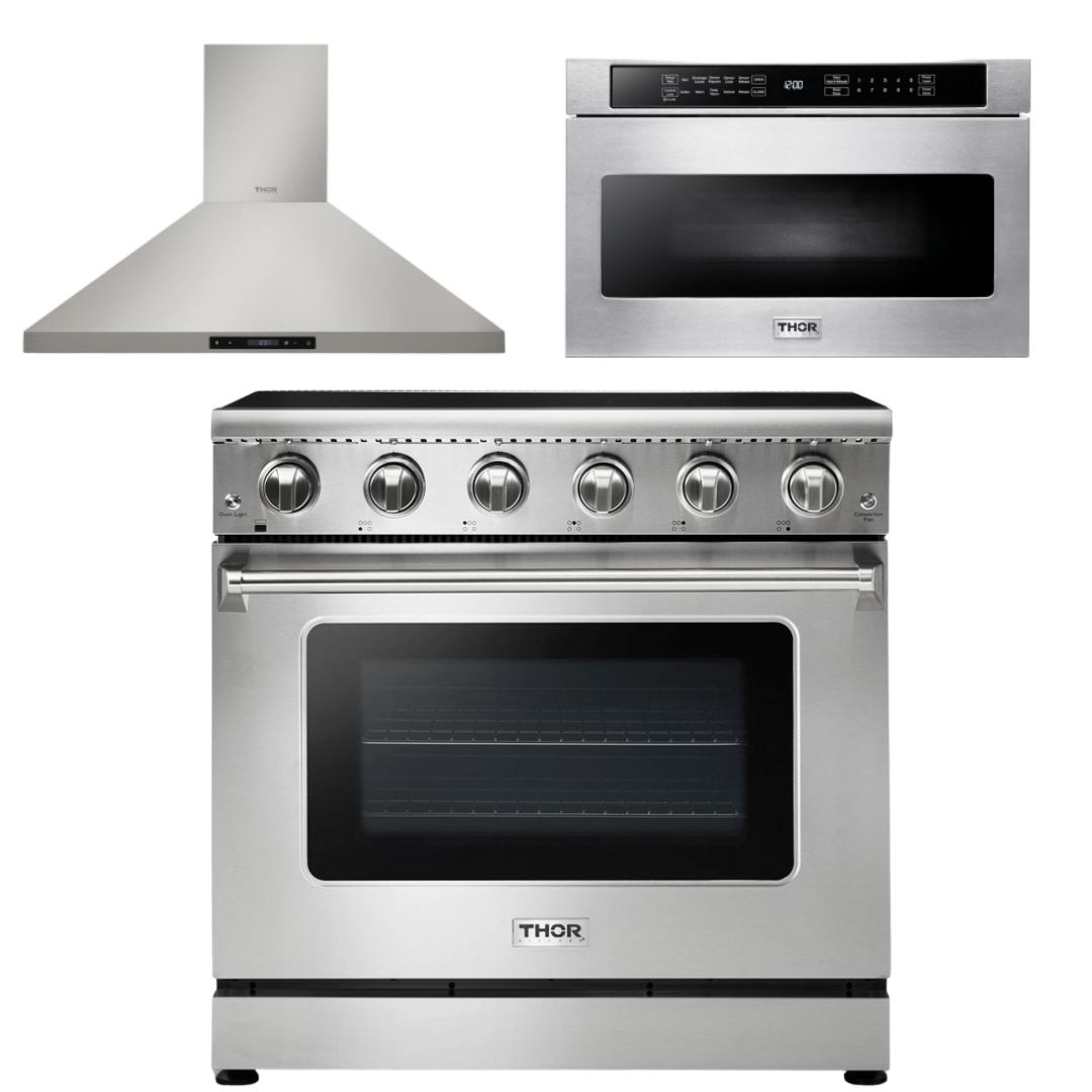 THOR Kitchen Package - 36" Electric Range, Range Hood, Microwave, HRE3601-HRH3607-TMD2401