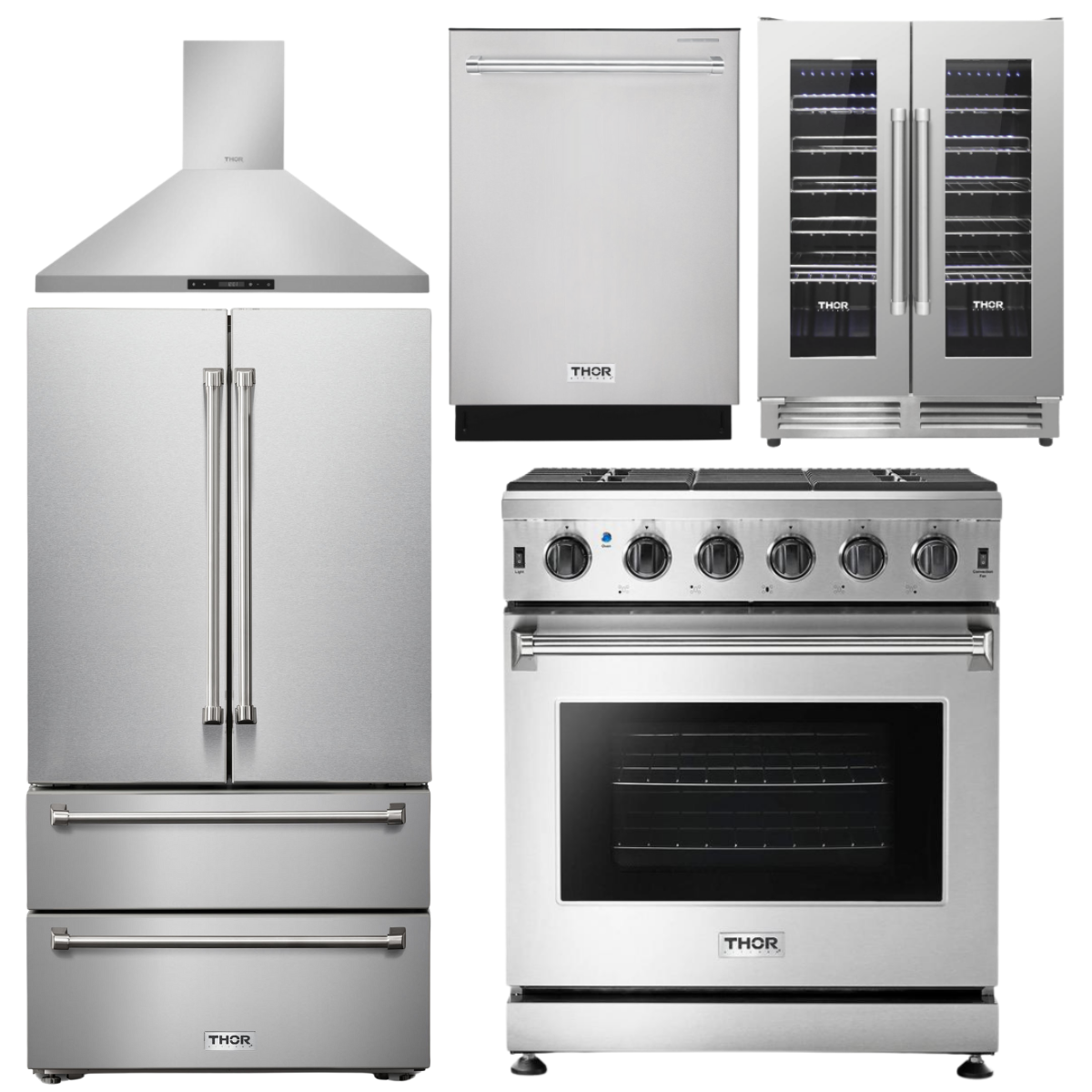 THOR Kitchen Package - 30" Propane Gas Range, Range Hood, Refrigerator, Dishwasher, Wine Cooler, LRG3001ULP-HRH3607-TRF3602-HDW2401SS-TWC2402