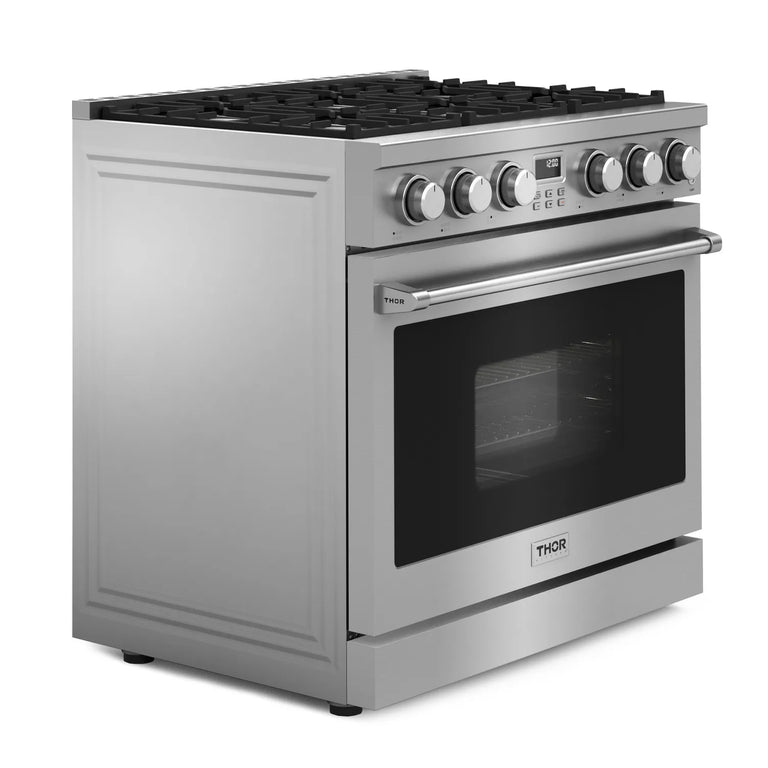 THOR Contemporary Package - 36" Gas Range, Range Hood, Refrigerator and Microwave, ARG36LP-HRH3607-TRF3601FD-TMD3002