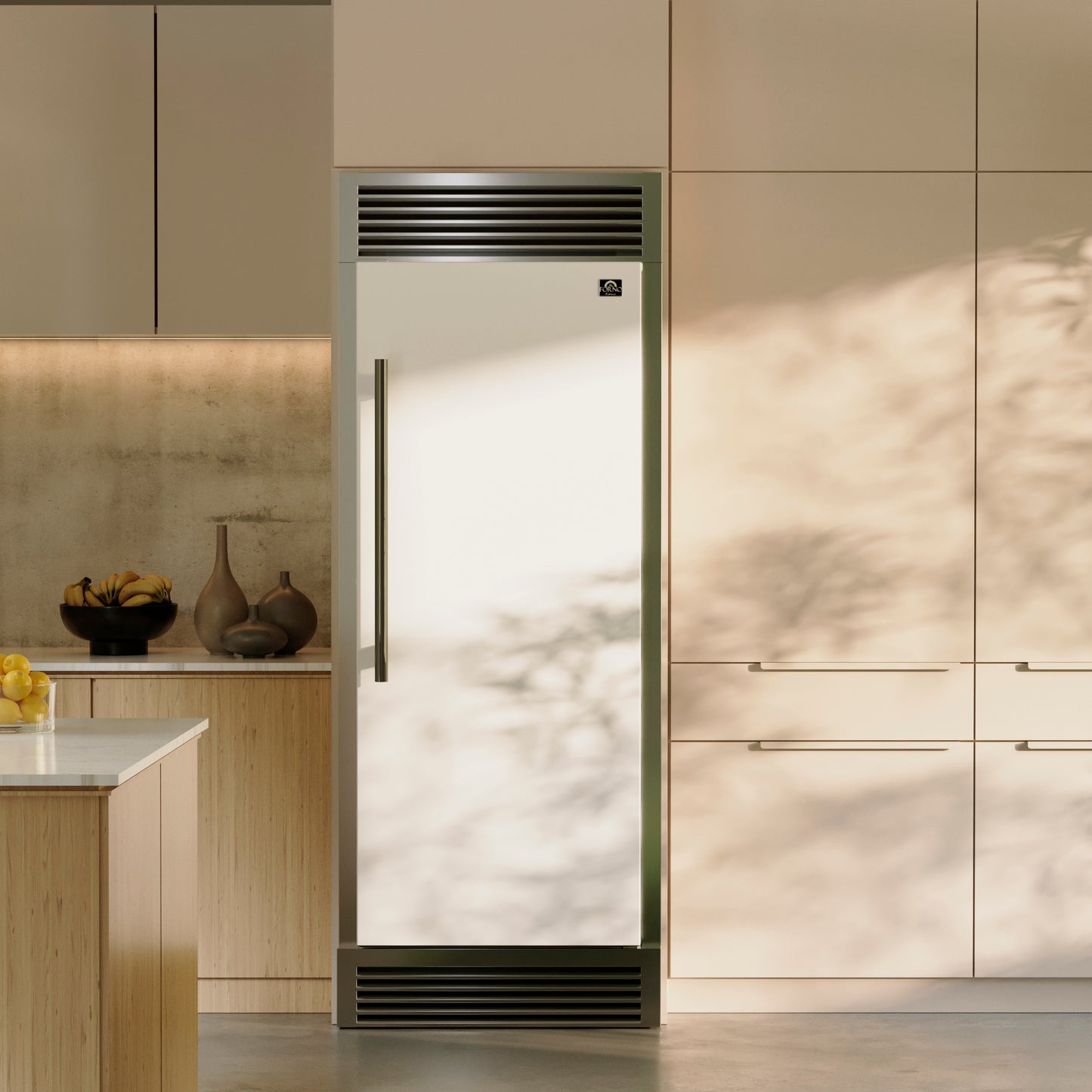 Forno Maderno 28-Inch Built-In Convertible Refrigerator in White with Antique Brass Handle, 13.6 cu.ft. Right Swing with Decorative Trim - 32-Inch Wide