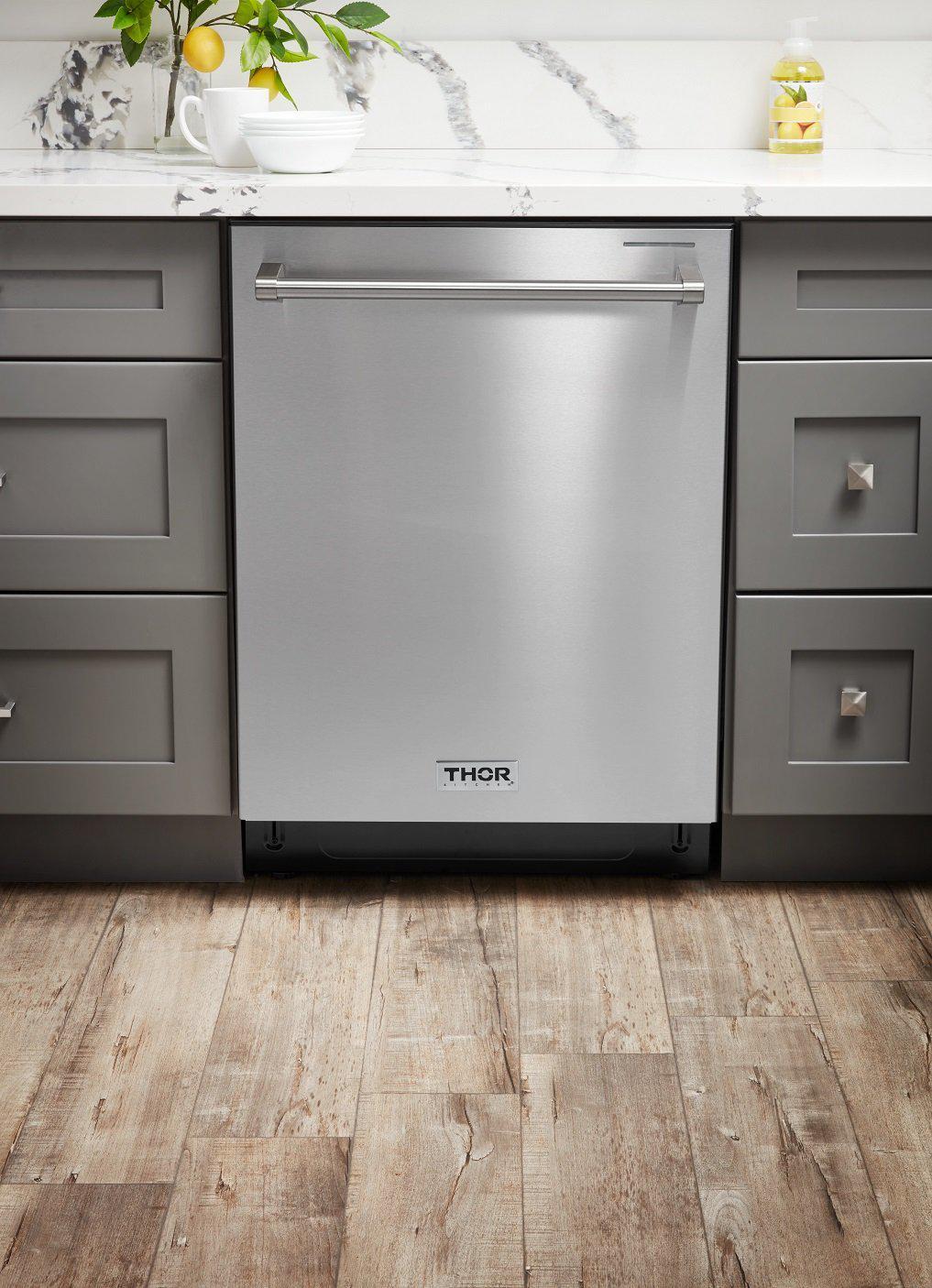 THOR Kitchen Package - 36" Electric Range, Range Hood, Microwave, Refrigerator with Water and Ice Dispenser, Dishwasher, ARE36-HRH3607-TRF3601FD-HDW2401SS-TMD2401