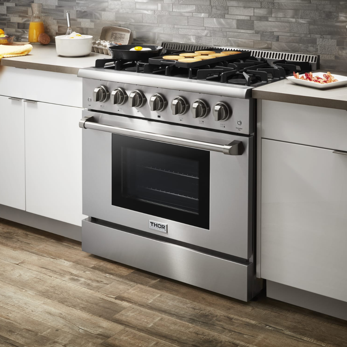 THOR Kitchen Package - 36" Dual Fuel Range, Range Hood, Microwave, Refrigerator, Dishwasher, Wine Cooler, HRD3606U-HRH3607-TRF3602-HDW2401SS-TWC2402-TMD2401