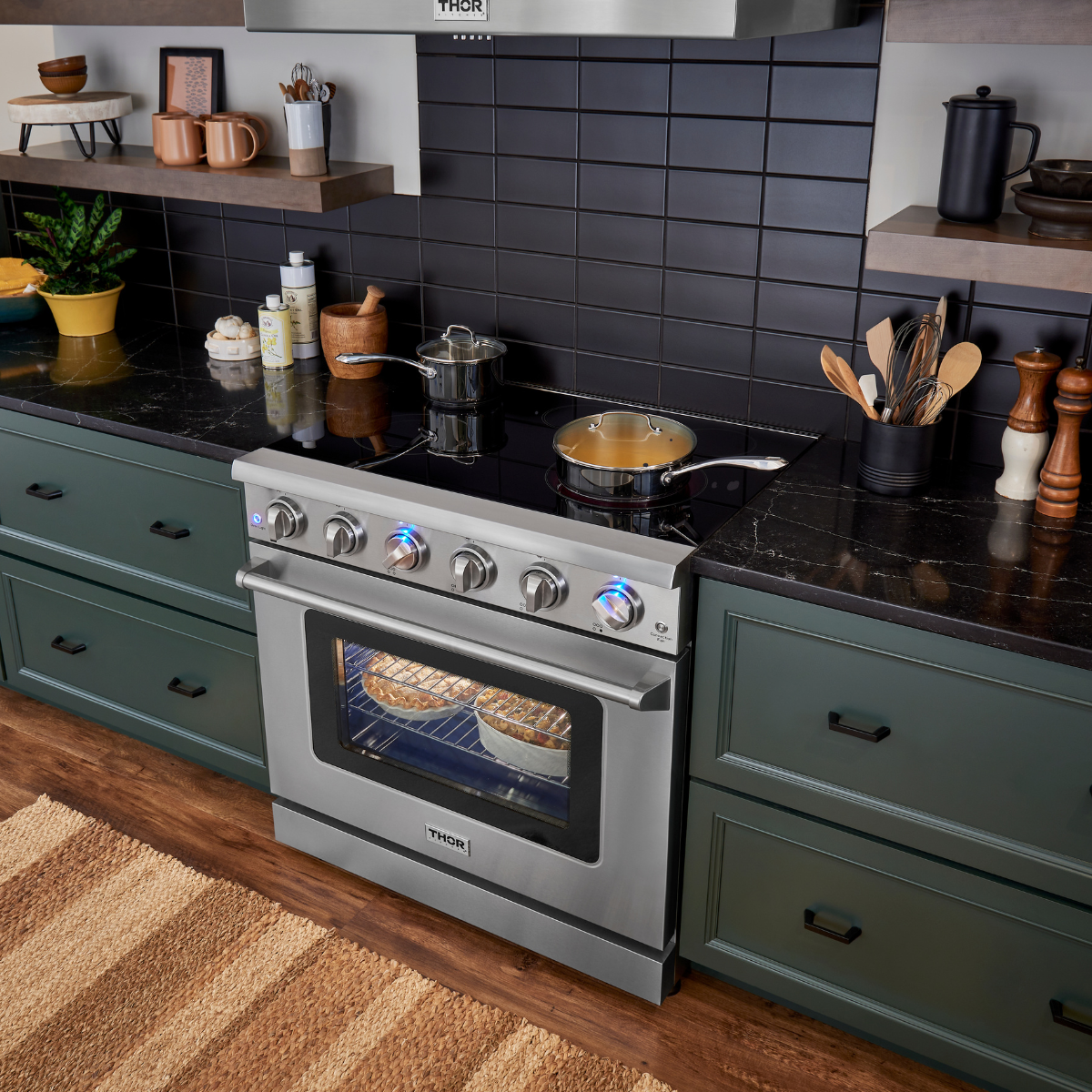 THOR Kitchen Package - 36" Electric Range, Range Hood, Refrigerator, Dishwasher, Wine Cooler, HRE3601-HRH3607-TRF3602-HDW2401SS-TWC2402