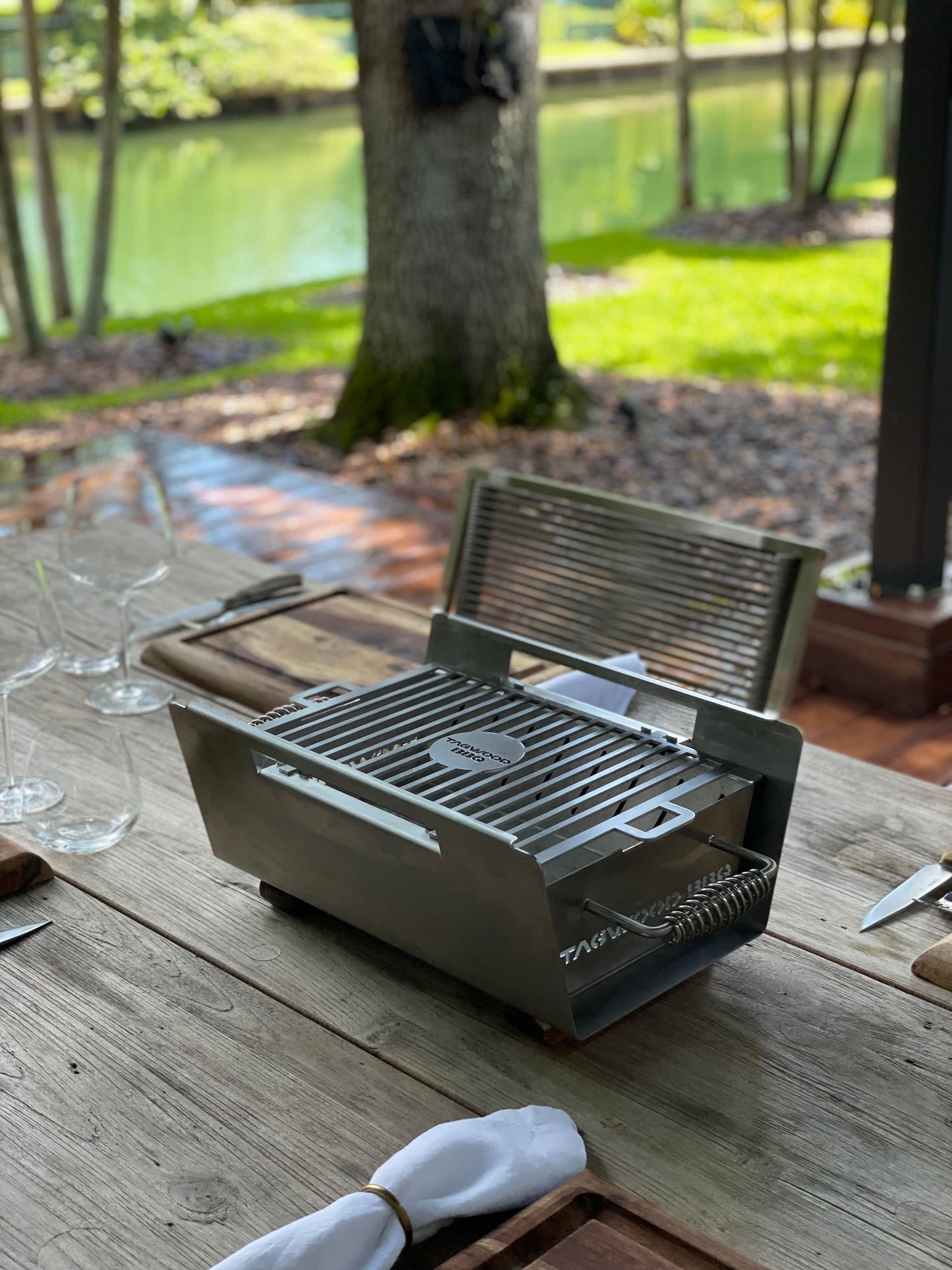 Tagwood BBQ Table Top Warming Brazier | Stainless steel and Acacia wood | BBQ07SS