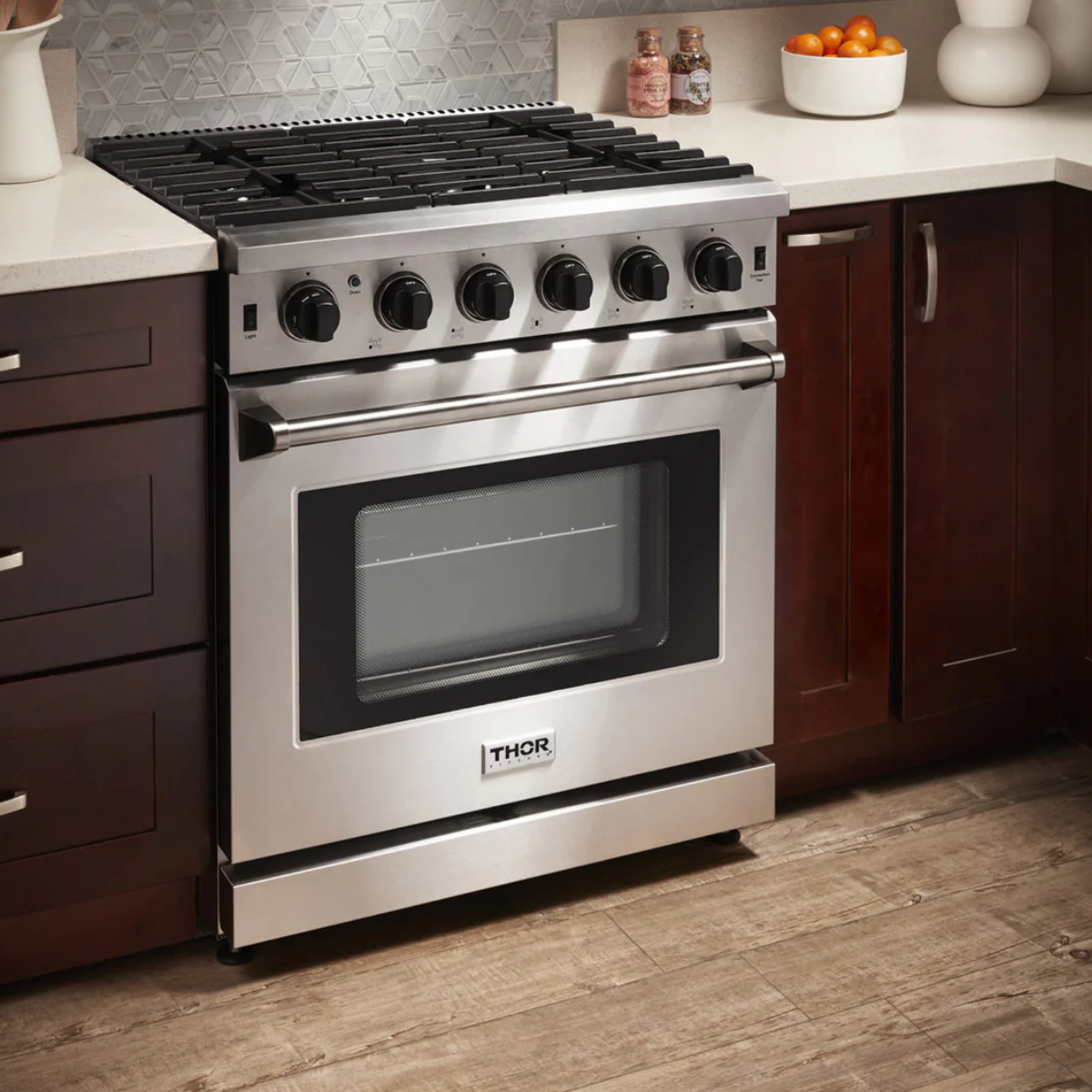 THOR Kitchen Package - 30" Propane Gas Range, Range Hood, Refrigerator, Dishwasher, Wine Cooler, LRG3001ULP-HRH3607-TRF3602-HDW2401SS-TWC2402