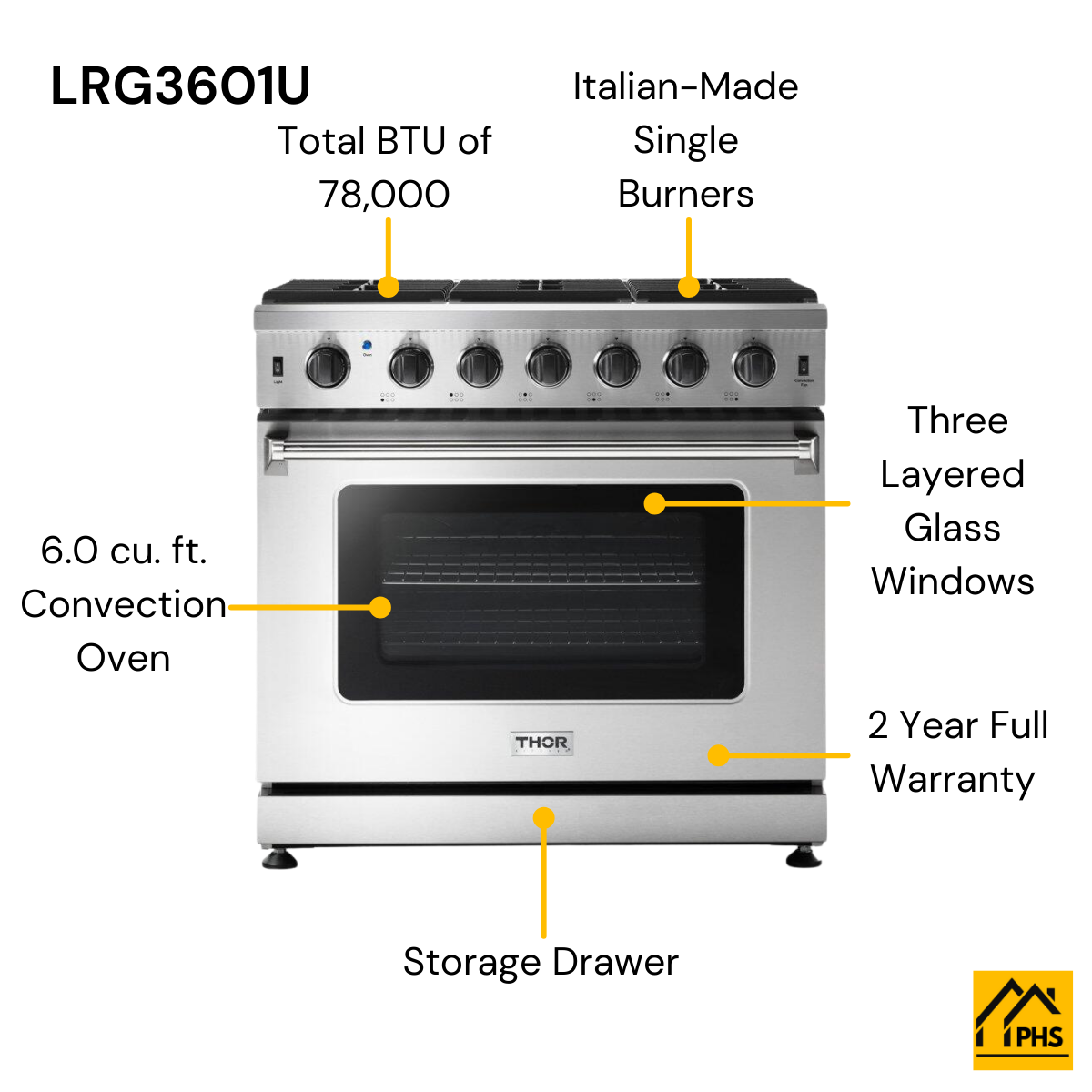 THOR Kitchen 36 in. 6.0 Cu. Ft Professional Natural Gas Range in Stainless Steel, LRG3601U