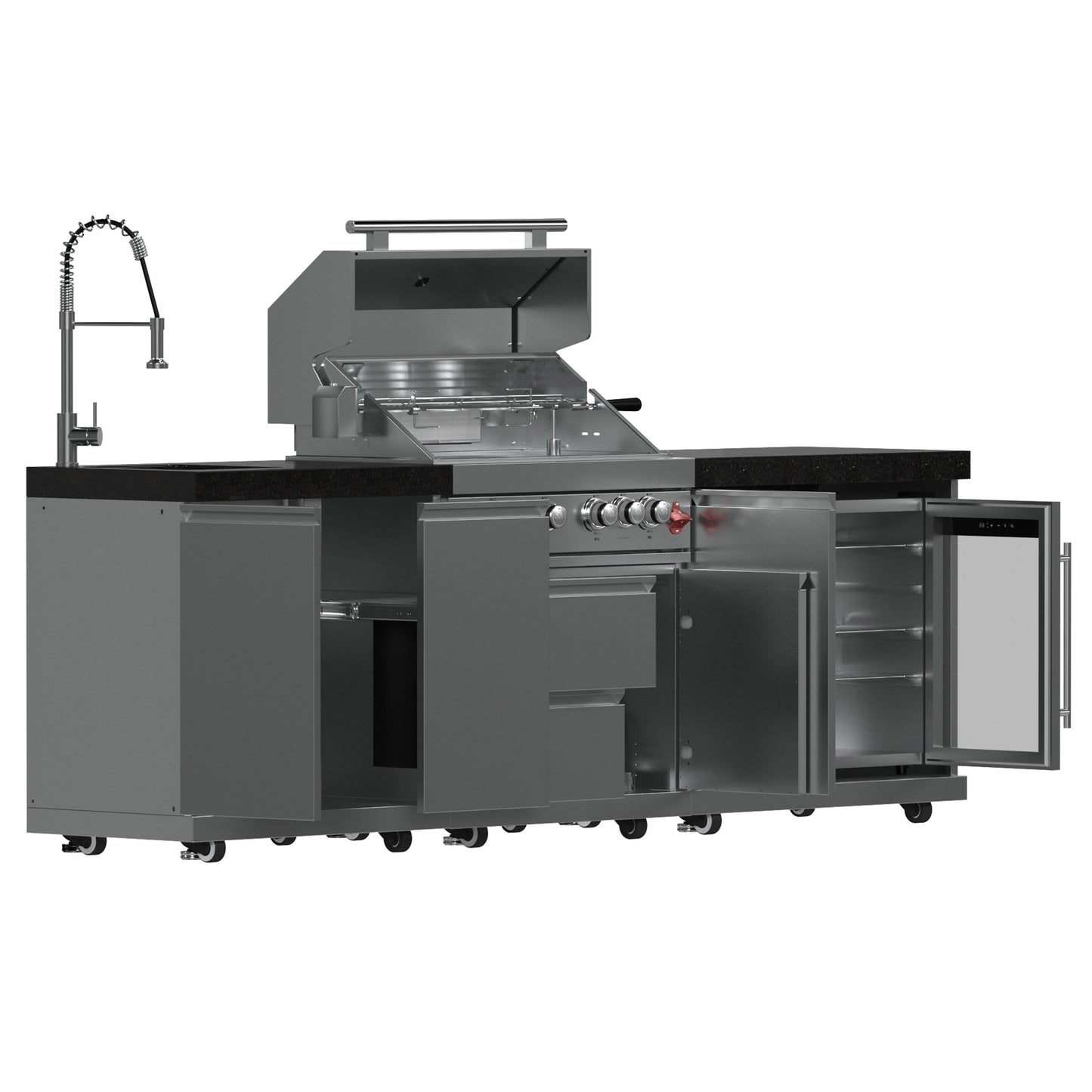 FORNO Bulnes 30-Inch BBQ, 60,000 BTU, 3 Burners with Sear & Rotisserie Infrared Burners, Stainless Steel Outdoor Kitchen with 1.8 cu.ft. Beverage Center & Black Granite Countertops