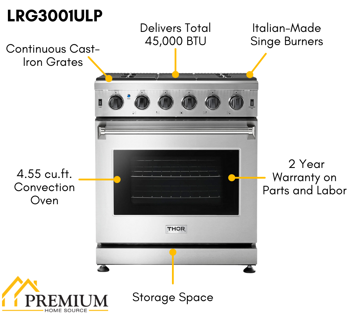 THOR Kitchen 30 in. 4.55 cu. ft. Professional Propane Gas Range in Stainless Steel, LRG3001ULP