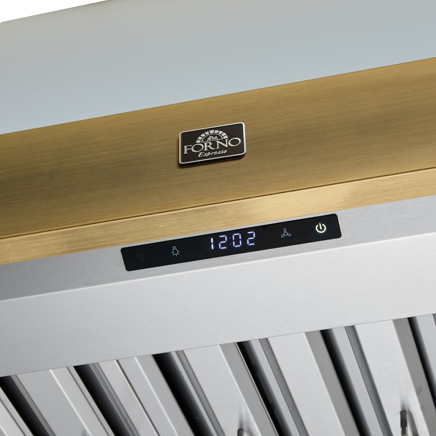 Forno Vittorio 36-Inch Wall Mount Range Hood, White with Antique Brass Trim, 600 CFM Airflow, Dishwasher-Safe Baffle Filters, Remote Control, 3-Speed Fan, Bright LED Lighting.