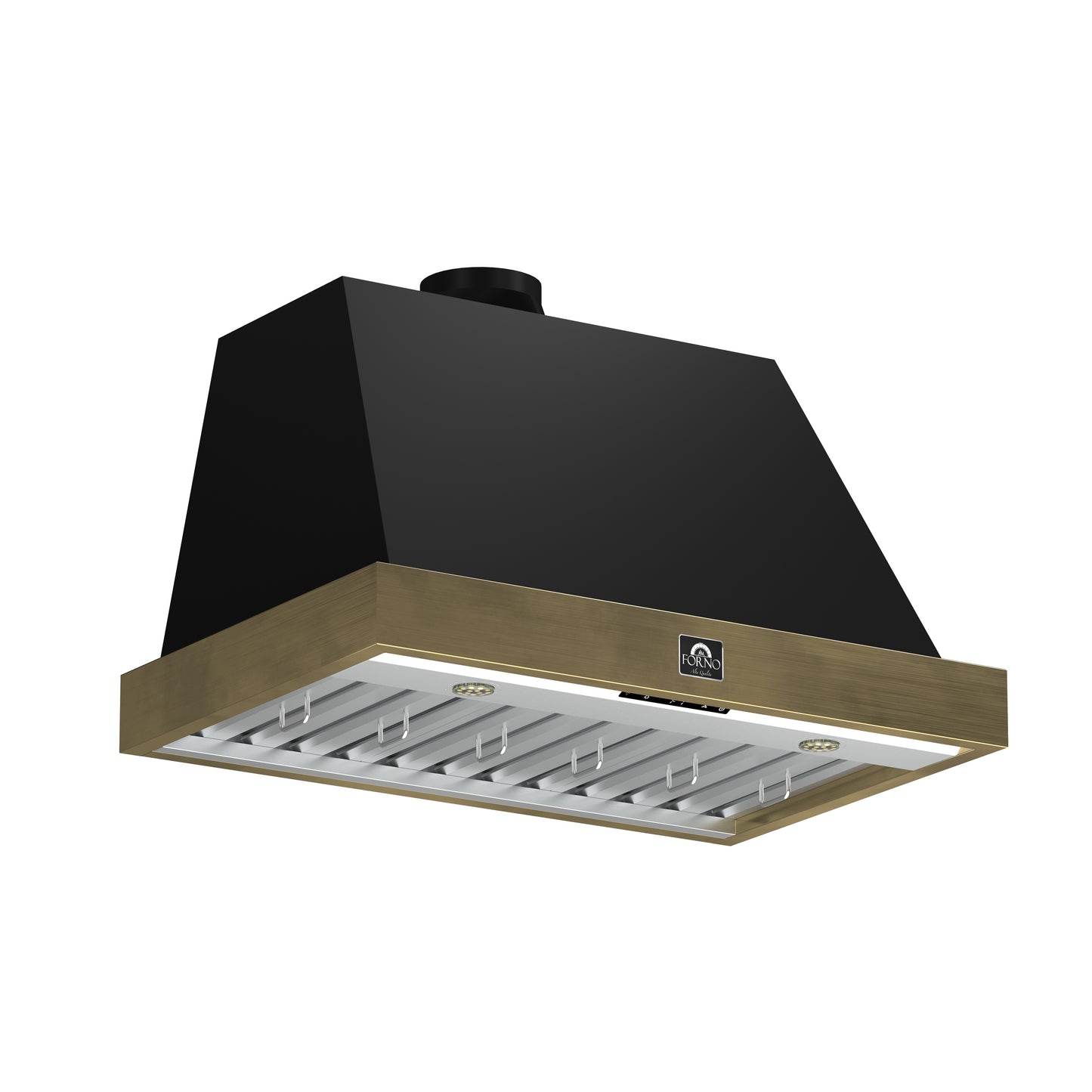 Forno Vittorio 36-Inch Wall Mount Range Hood, Black with Antique Brass Trim, 600 CFM Airflow, Dishwasher-Safe Baffle Filters, Remote Control, 3-Speed Fan, Bright LED Lighting.