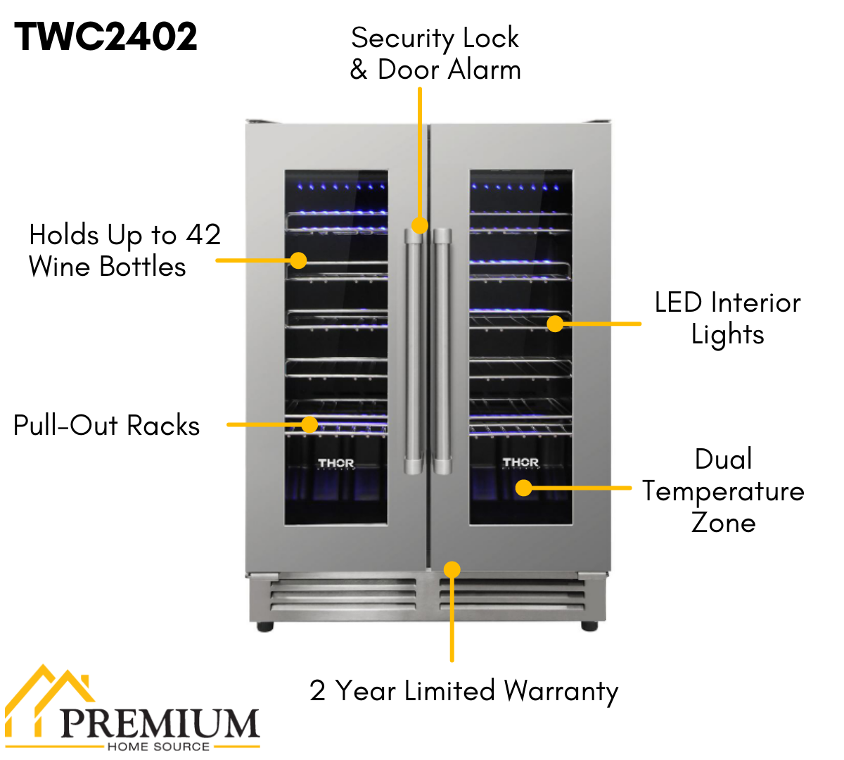 THOR Kitchen Package - 36" Induction Cooktop, Range Hood, Refrigerator with Water and Ice Dispenser, Dishwasher, Wine Cooler, TIH36-HRH3607-TRF3601FD-HDW2401SS-TWC2402