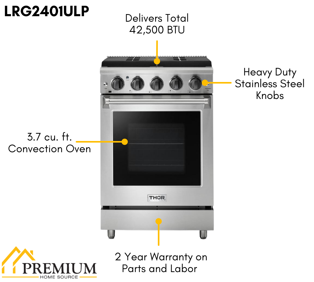 THOR Kitchen 24 in. Professional Propane Gas Range in Stainless Steel, LRG2401ULP