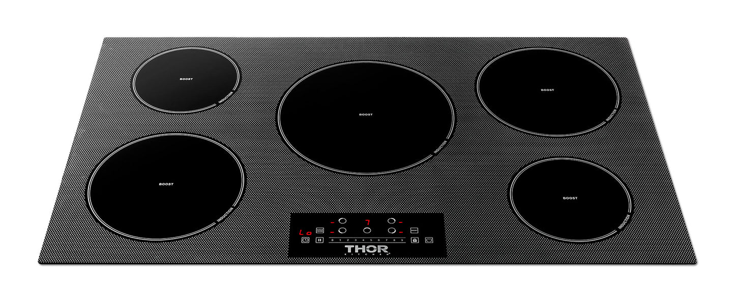 THOR Kitchen Package - 36" Induction Cooktop, Range Hood, Refrigerator with Water and Ice Dispenser, Dishwasher, Wine Cooler, TIH36-HRH3607-TRF3601FD-HDW2401SS-TWC2402