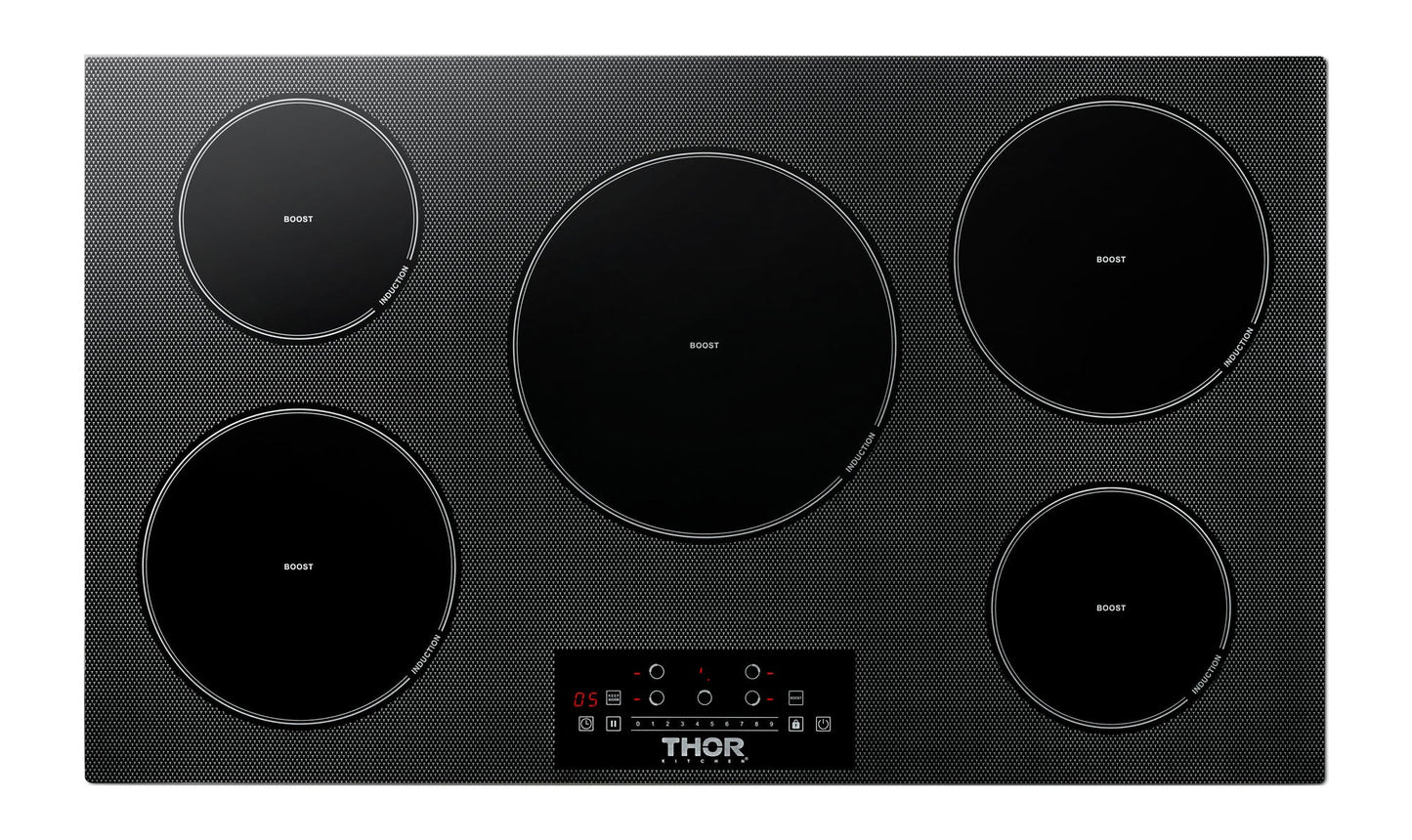 THOR Kitchen Package - 36" Induction Cooktop, Range Hood, Refrigerator with Water and Ice Dispenser, Dishwasher, Wine Cooler, TIH36-HRH3607-TRF3601FD-HDW2401SS-TWC2402