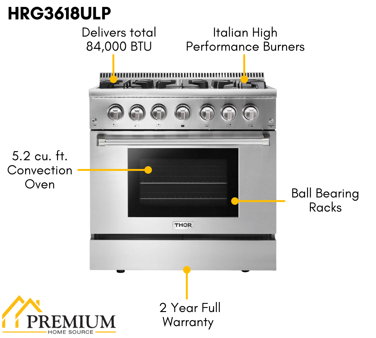 THOR Kitchen 36 in. 5.2 cu. ft. Professional Propane Gas Range in Stainless Steel, HRG3618ULP