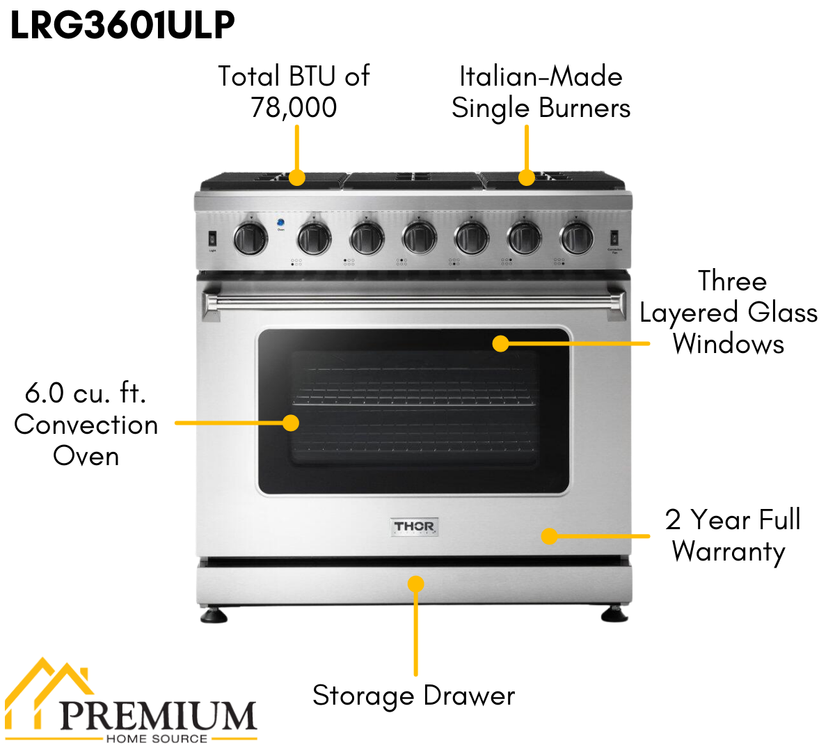 THOR Kitchen 36 in. 6.0 Cu. Ft Propane Gas Range in Stainless Steel, LRG3601ULP