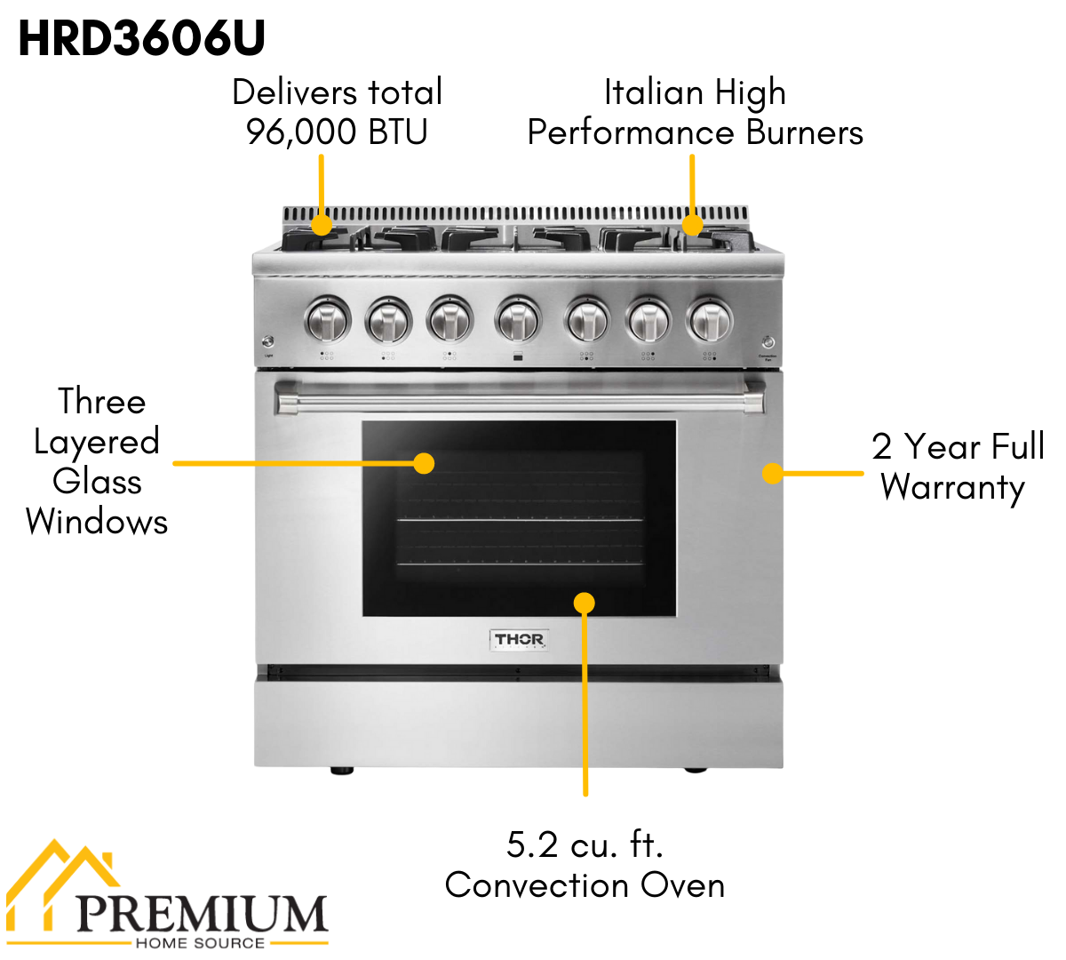 THOR Kitchen 36 in. Natural Gas Burner/Electric Oven Range in Stainless Steel, HRD3606U