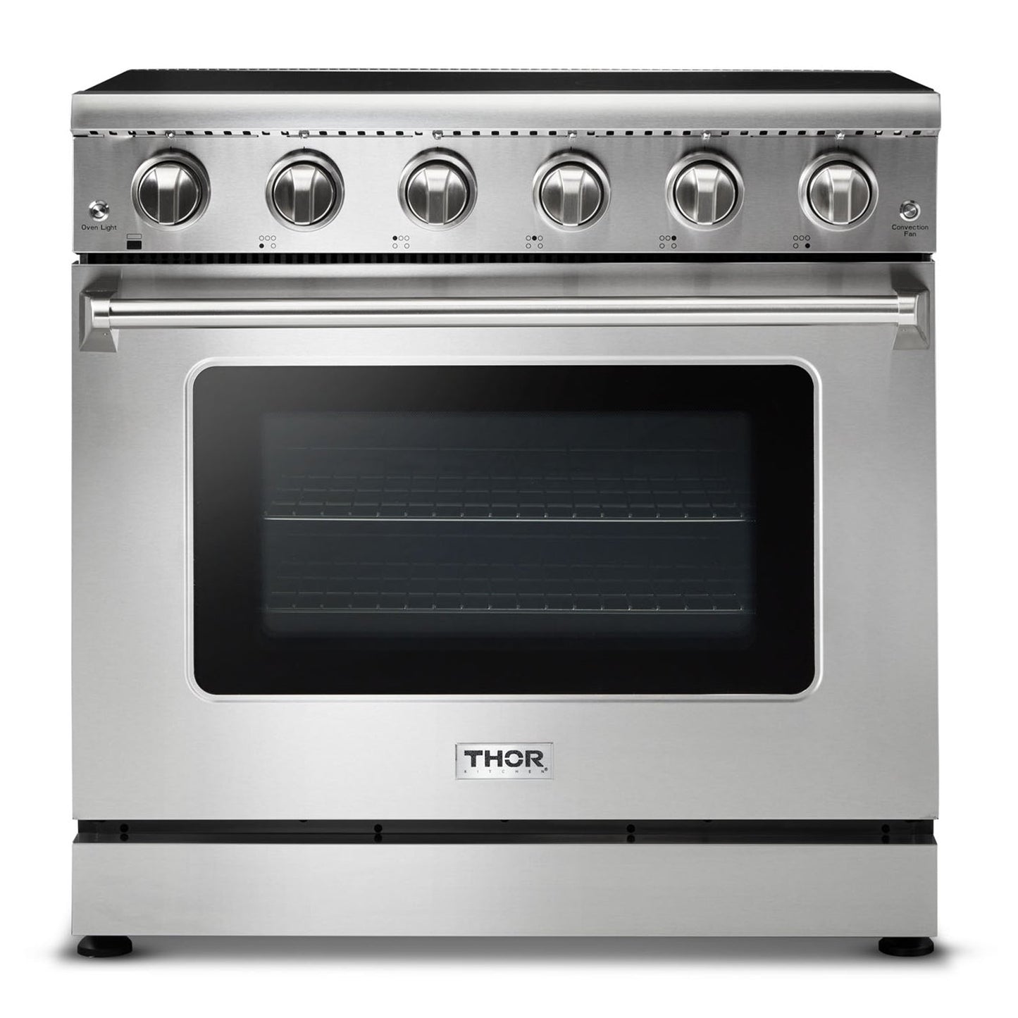 THOR Kitchen Package - 36" Electric Range, Range Hood, Refrigerator, Dishwasher, Wine Cooler, HRE3601-HRH3607-TRF3602-HDW2401SS-TWC2402