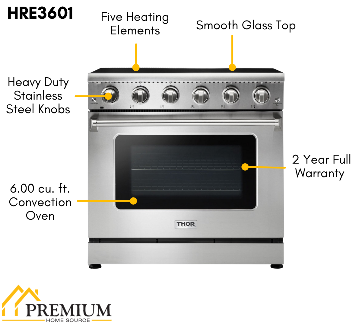 THOR Kitchen Package - 36" Electric Range, Range Hood, Refrigerator, Dishwasher, Wine Cooler, HRE3601-HRH3607-TRF3602-HDW2401SS-TWC2402