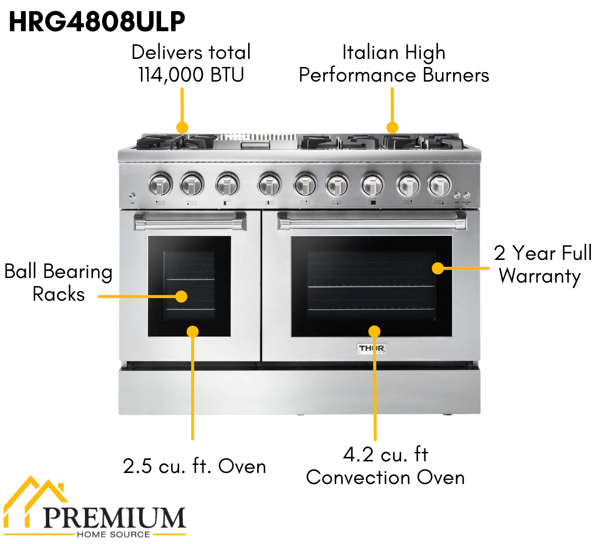 THOR Kitchen 48 in. 6.7 cu. ft. Professional Propane Gas Range in Stainless Steel, HRG4808ULP
