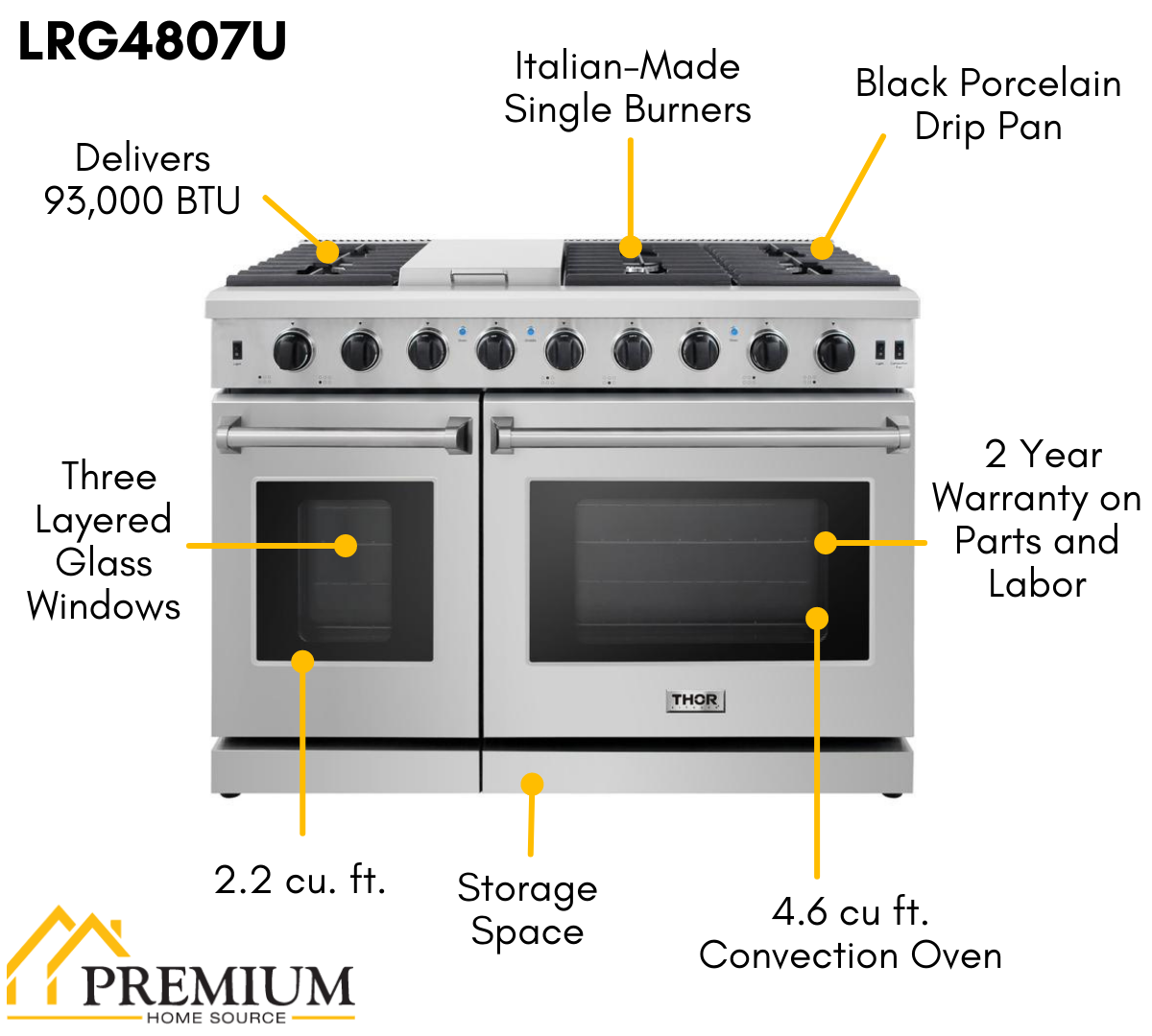 THOR Kitchen 48 in. 6.8 cu. ft. Double Oven Natural Gas Range in Stainless Steel, LRG4807U