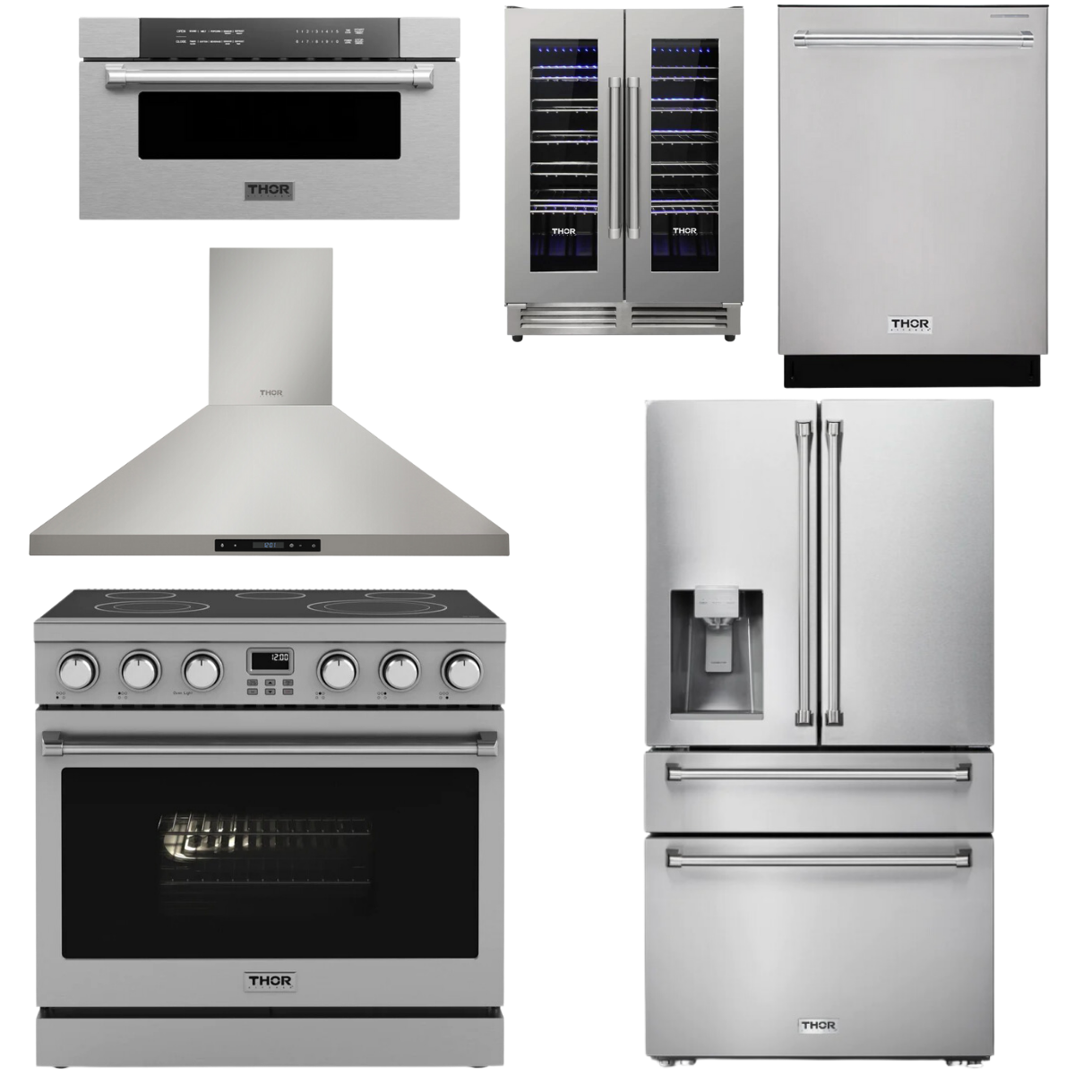 THOR Contemporary Package - 36" Electric Range, Range Hood, Refrigerator, Dishwasher, Microwave and Wine Cooler, ARE36-HRH3607-TRF3601FD-HDW2401SS-TMD3002-TWC2402