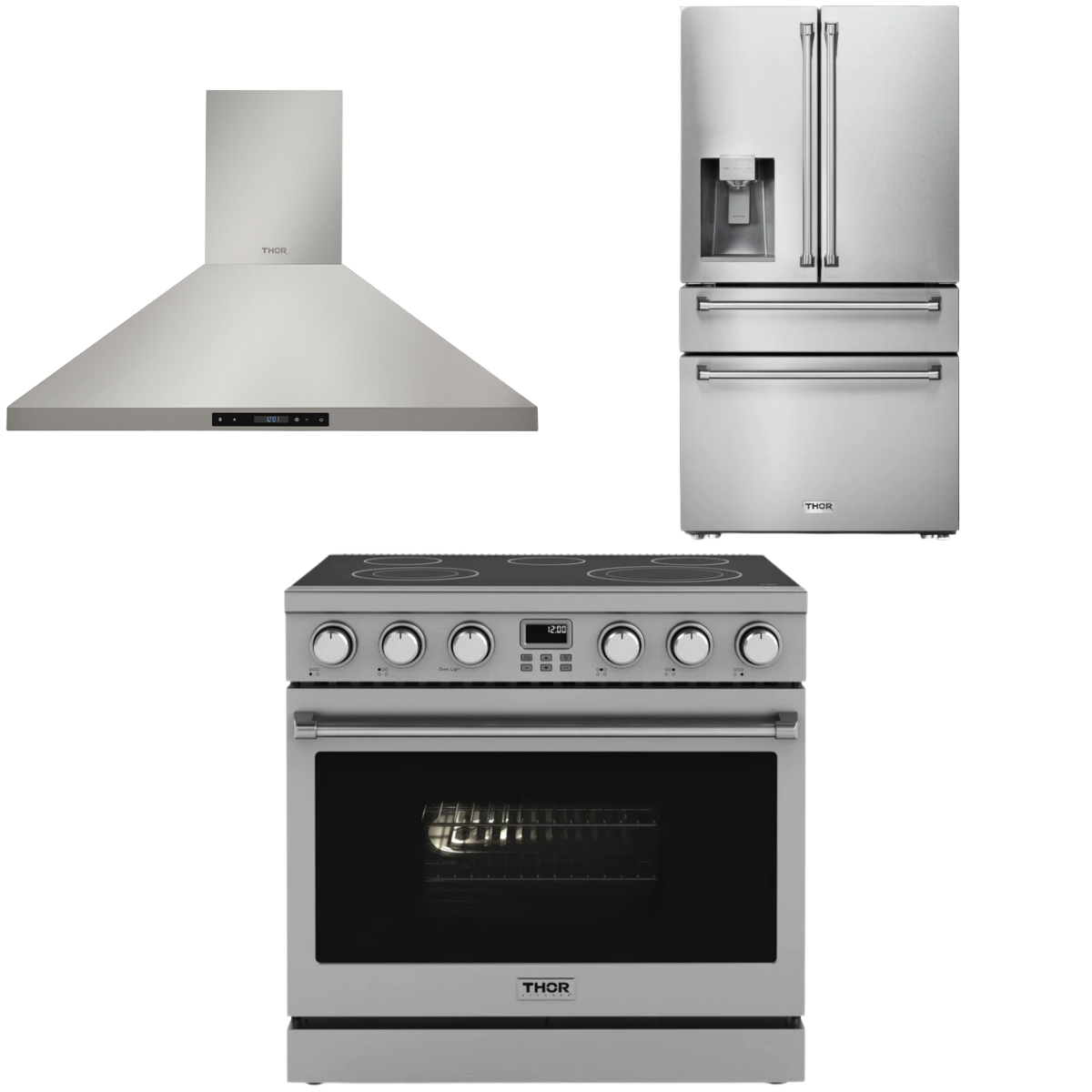 THOR Contemporary Package - 36" Electric Range, Range Hood and Refrigerator, ARE36-HRH3607-TRF3601FD