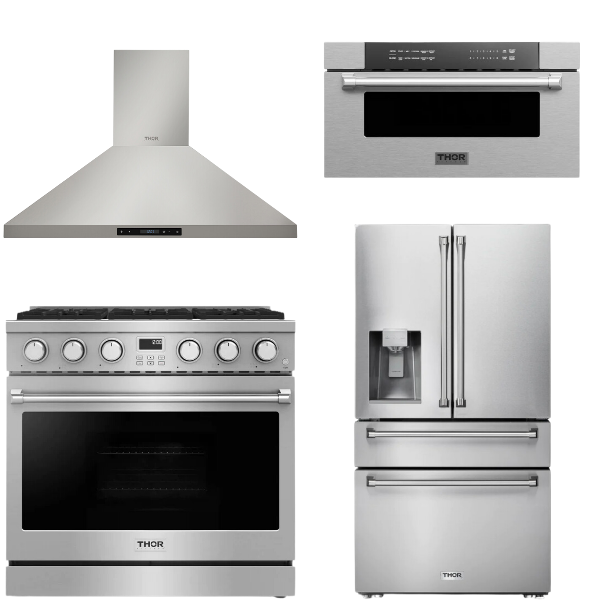 THOR Contemporary Package - 36" Gas Range, Range Hood, Refrigerator and Microwave, ARG36LP-HRH3607-TRF3601FD-TMD3002