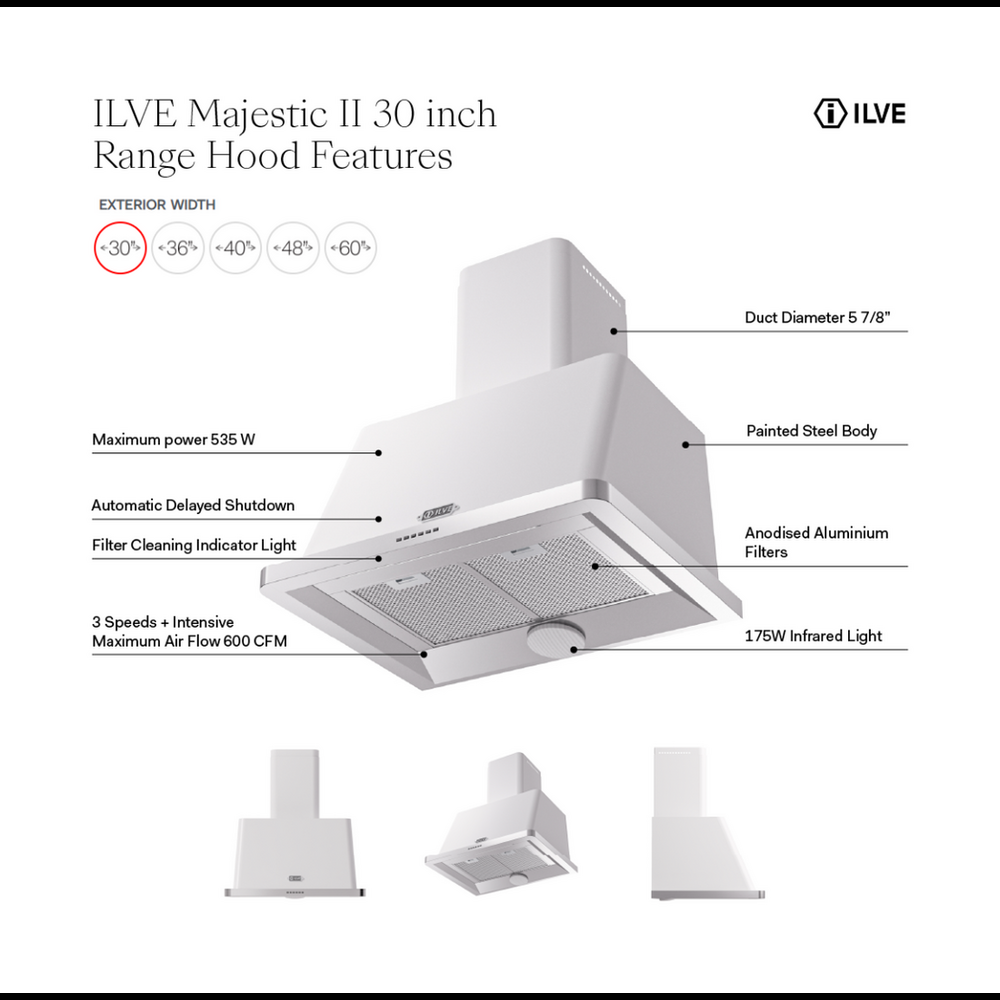 ILVE Majestic II 30" Range Hood with 600 CFM