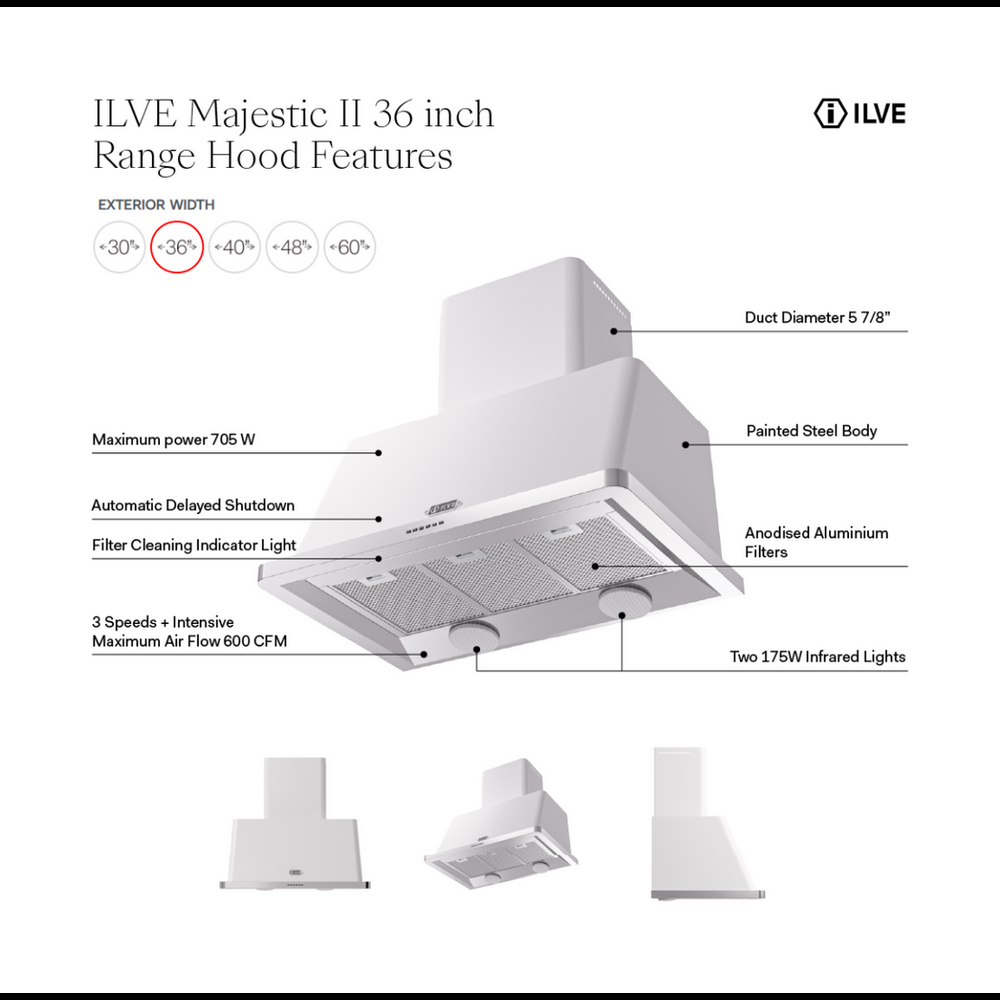 ILVE Majestic II 36" Range Hood with 600 CFM