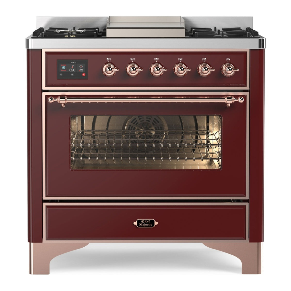ILVE Majestic II 36" Burgundy Dual Fuel Range with 6 Burners and Griddle Triple Glass Door Natural Gas