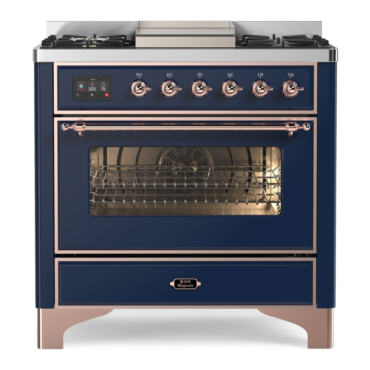 ILVE Majestic II 36" Midnight Blue Dual Fuel Range with 6 Burners and Griddle Triple Glass Door Natural Gas
