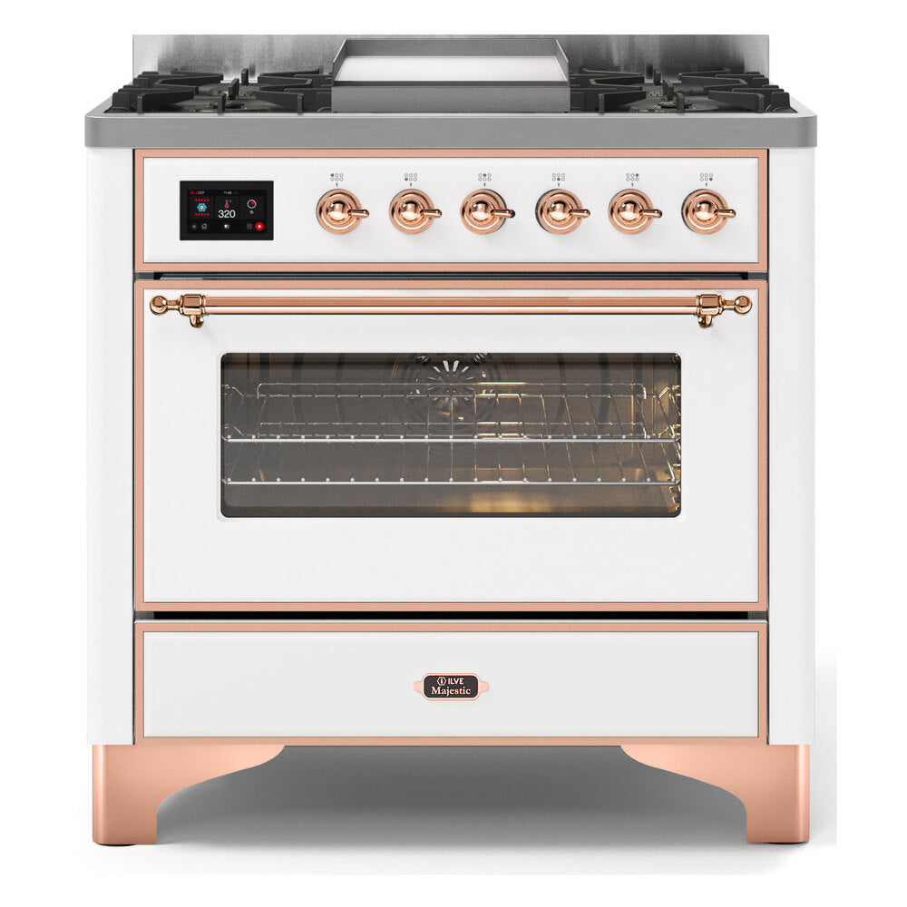 ILVE Majestic II 36" White Dual Fuel Range with 6 Burners and Griddle Triple Glass Door Natural Gas