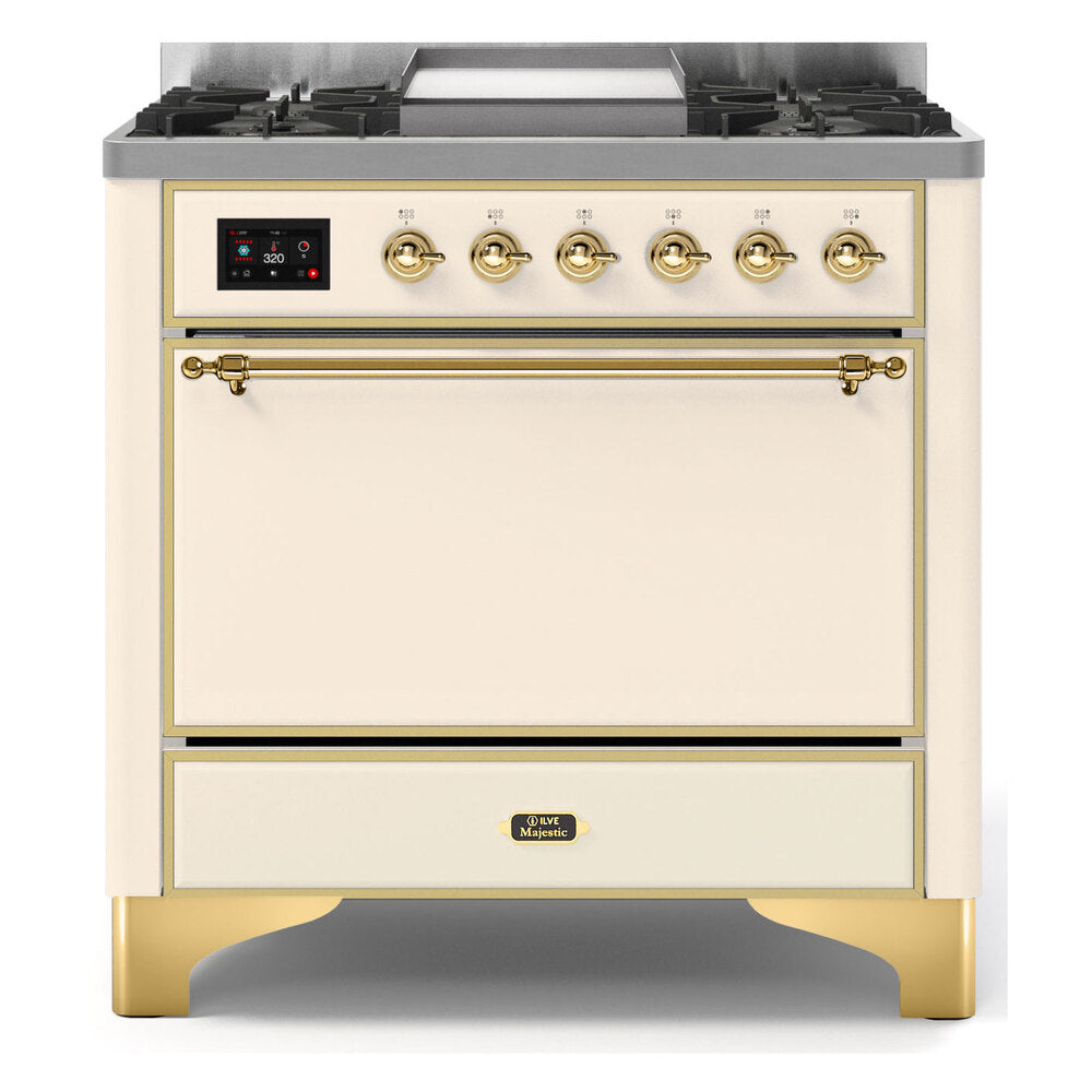 ILVE Majestic II 36" Antique White Dual Fuel Range with 6 Burners and Griddle Solid Door Natural Gas