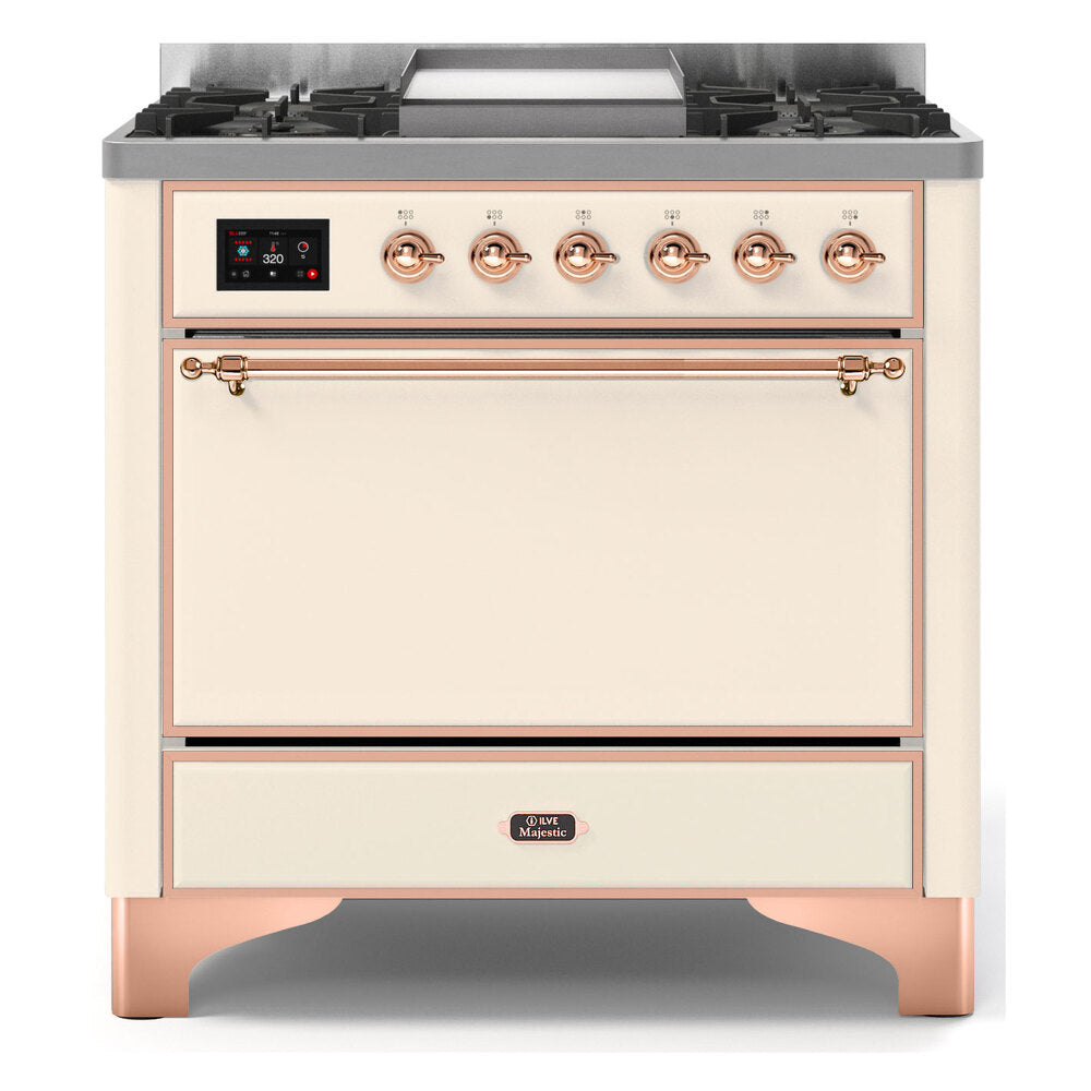 ILVE Majestic II 36" Antique White Dual Fuel Range with 6 Burners and Griddle Solid Door Natural Gas