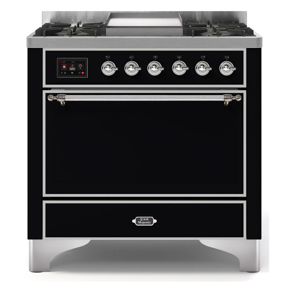 ILVE Majestic II 36" Glossy Black Dual Fuel Range with 6 Burners and Griddle Solid Door Natural Gas