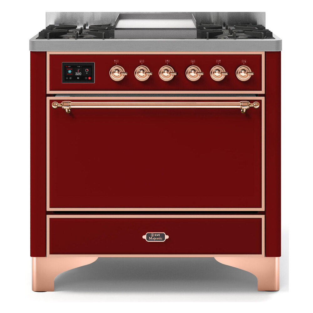 ILVE Majestic II 36" Burgundy Dual Fuel Range with 6 Burners and Griddle Solid Door Natural Gas