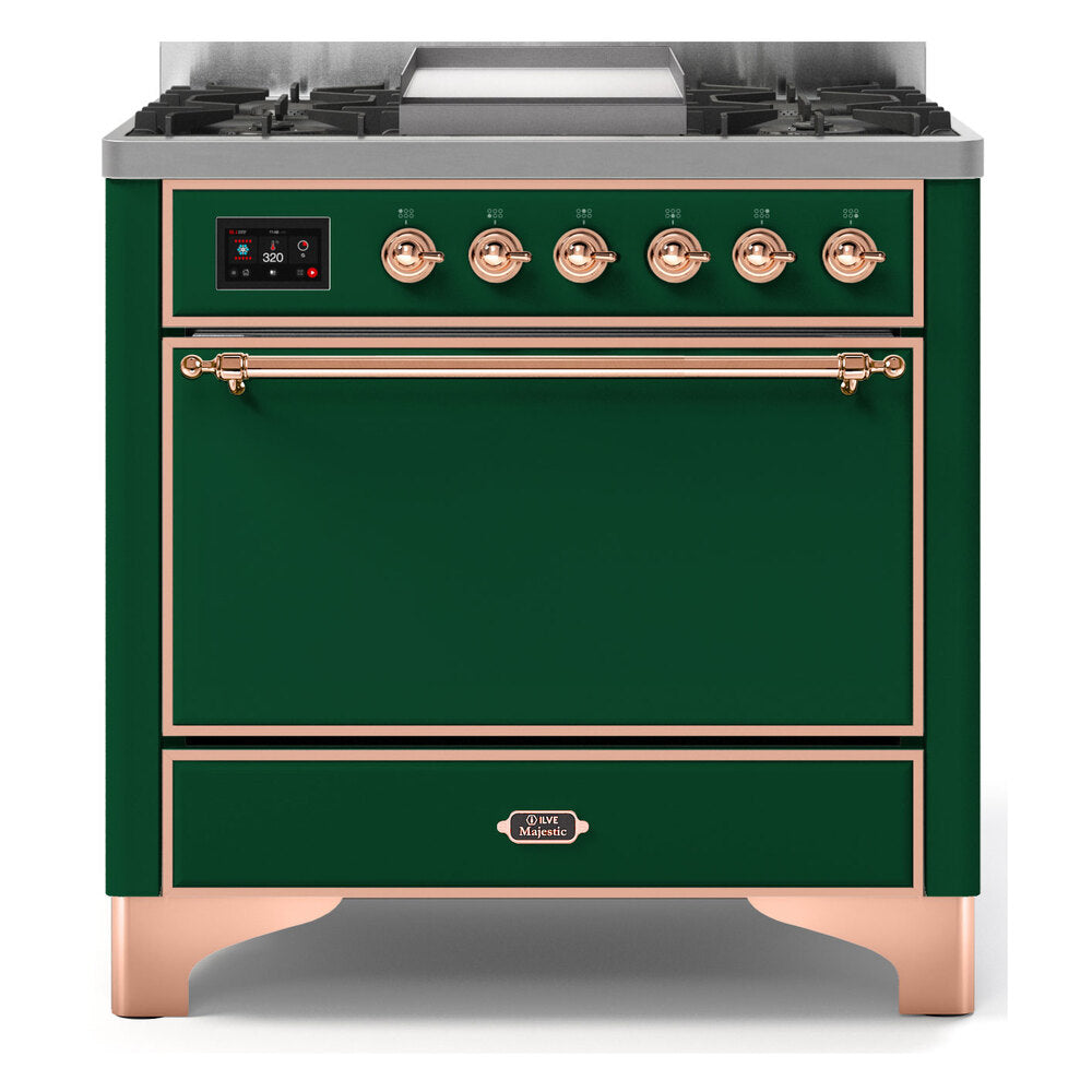 ILVE Majestic II 36" Emerald Green Dual Fuel Range with 6 Burners and Griddle Solid Door Natural Gas