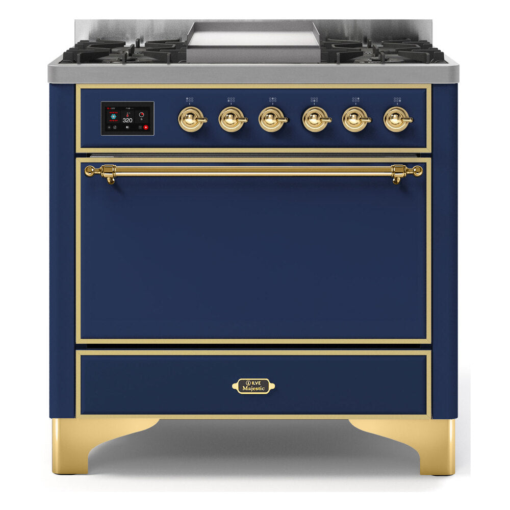 ILVE Majestic II 36" Midnight Blue Dual Fuel Range with 6 Burners and Griddle Solid Door Natural Gas