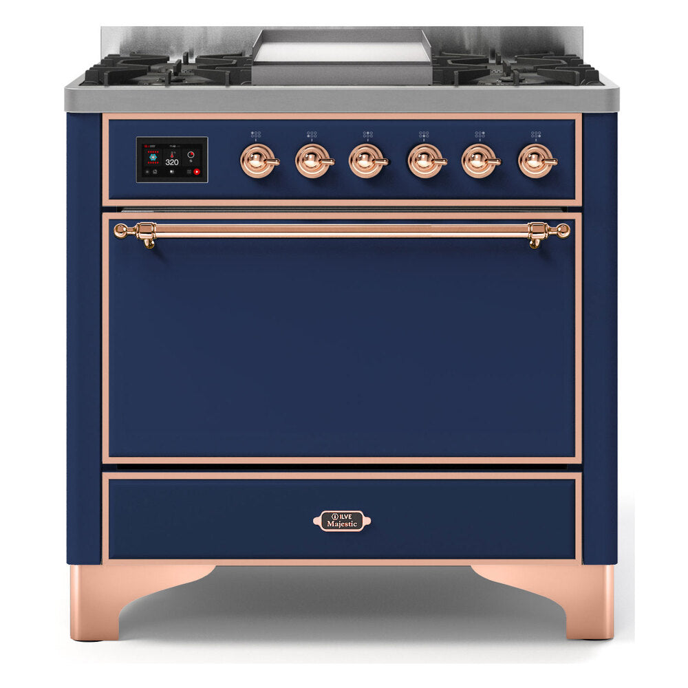 ILVE Majestic II 36" Midnight Blue Dual Fuel Range with 6 Burners and Griddle Solid Door Natural Gas