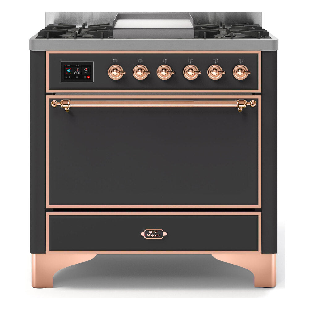 ILVE Majestic II 36" Graphite Matte Dual Fuel Range with 6 Burners and Griddle Solid Door Natural Gas