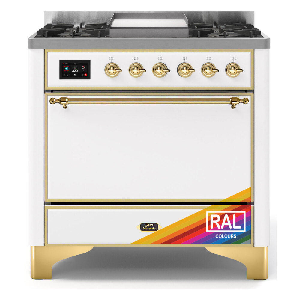 ILVE Majestic II 36" RAL Dual Fuel Range with 6 Burners and Griddle Solid Door Natural Gas