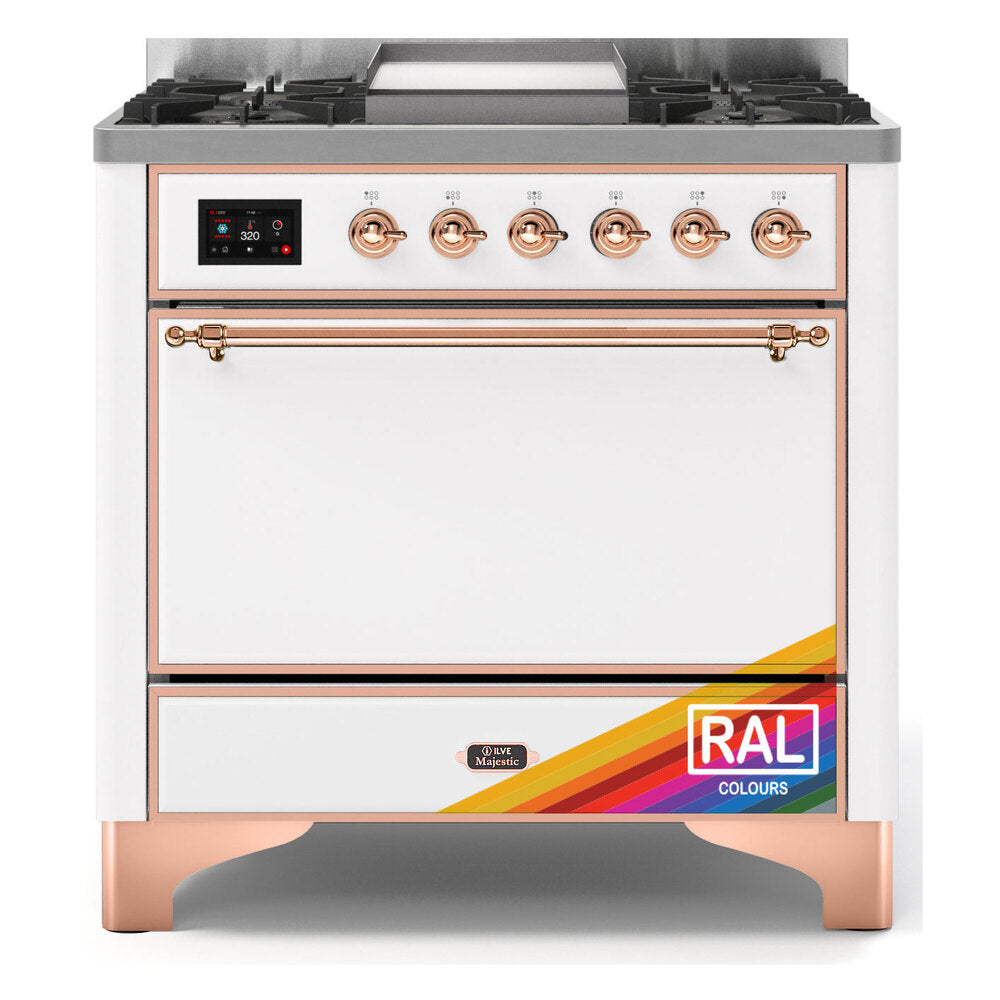 ILVE Majestic II 36" RAL Dual Fuel Range with 6 Burners and Griddle Solid Door Natural Gas