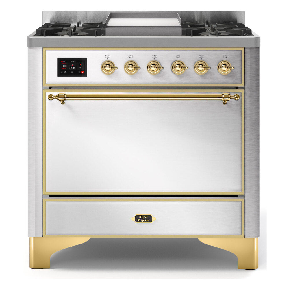 ILVE Majestic II 36" Stainless Steel Dual Fuel Range with 6 Burners and Griddle Solid Door Natural Gas