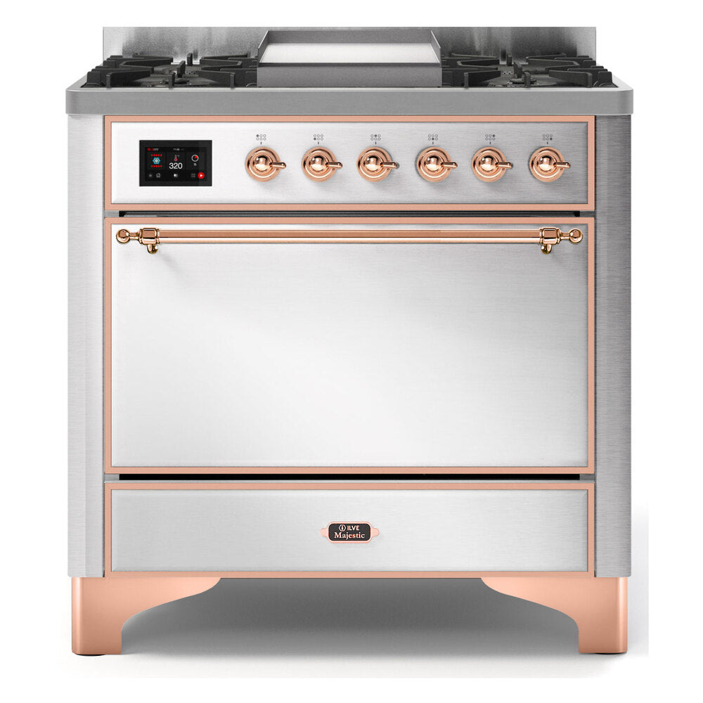 ILVE Majestic II 36" Stainless Steel Dual Fuel Range with 6 Burners and Griddle Solid Door Natural Gas