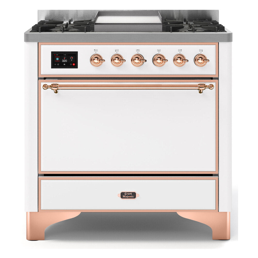 ILVE Majestic II 36" White Dual Fuel Range with 6 Burners and Griddle Solid Door Natural Gas